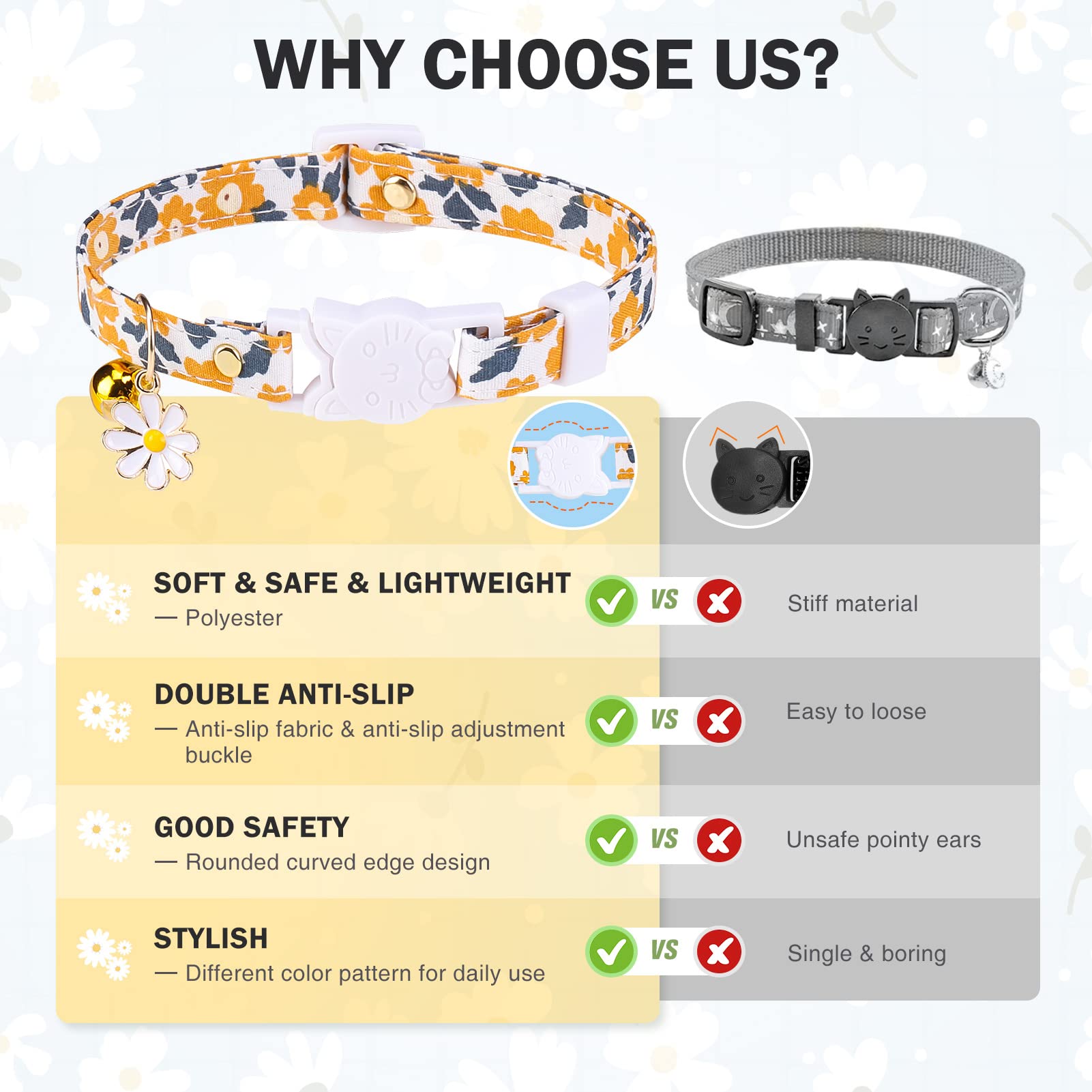 Dillybud 3 Pack Breakaway Cat Collars With Bell- Flower Pendant Spring Cat Collar For Girl Boy Cats With Safety Buckle- Cute Kit