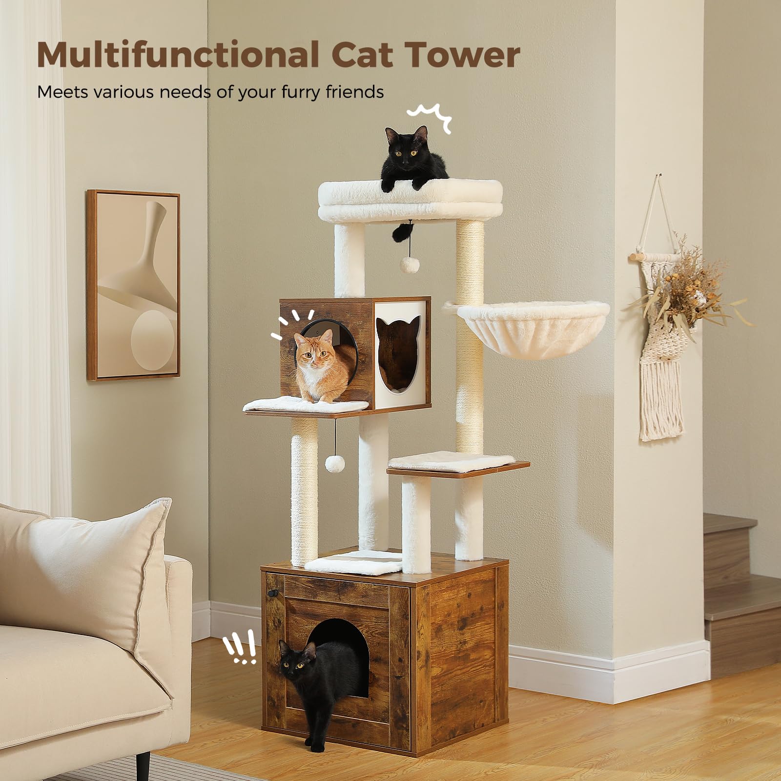 Miomum Tall Cat Tree With Litter Box Enclosure 57.5' Wooden Cat Tower For Large Cats With Cat Hammock House Bed (Wood Walnut)