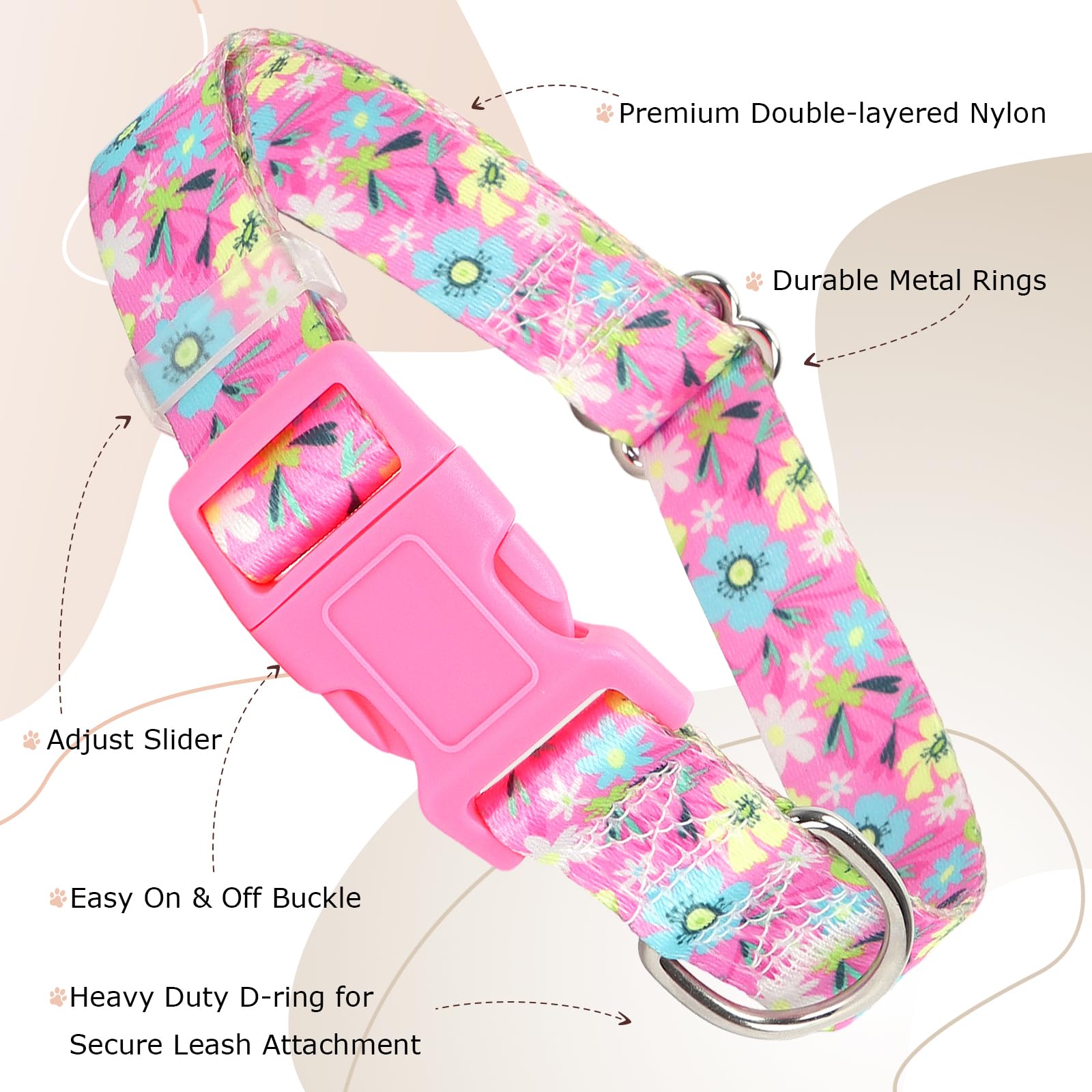 Girl Dog Collars for Small Dogs, Cute Girl Pink Dog Collar with Boho Flowers Patterns, Adjustable Comfy Soft Durable Pet Collar