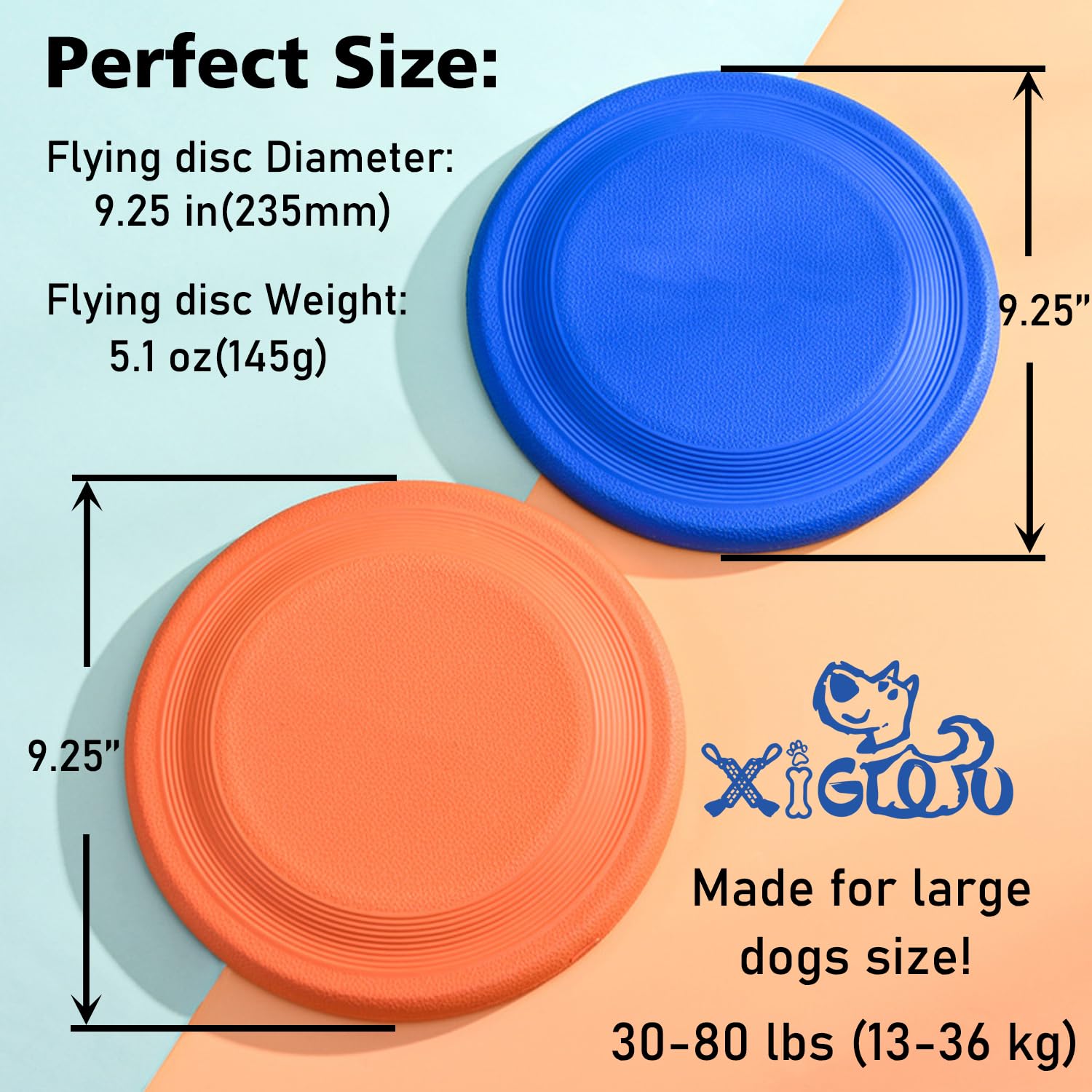 Xigou Dog Flying Disc (2 Pack) - Durable Rubber Flying Disc Dog Toy - 9.25'' Indestructible Rubber Dog Flying Disc - Puncture Re