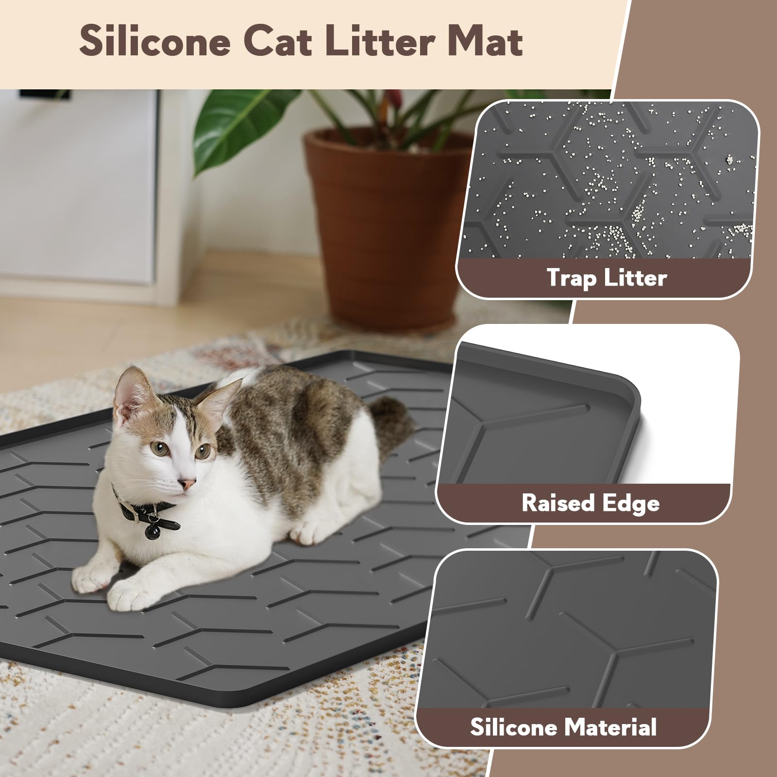 Garoopion Silicone Cat Litter Trapping Mat, Large Waterproof 34'' X 22'' Cat Litter Box Mat, Easy To Clean, Black
