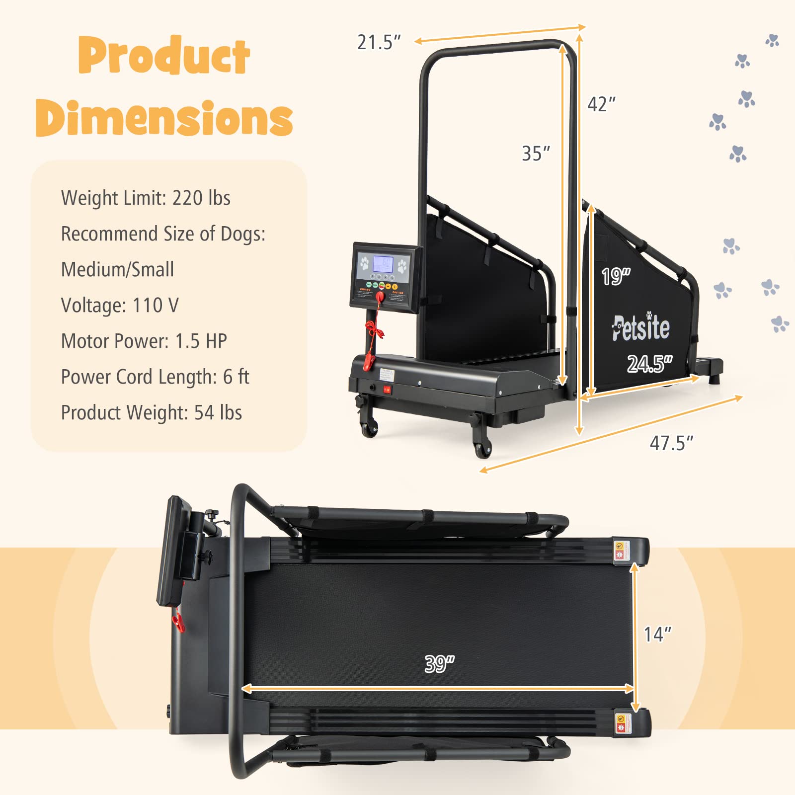 PETSITE Dog Treadmill for Small & Medium Dogs - Fitness Machine with LCD Display, 200 LBS Capacity, Black