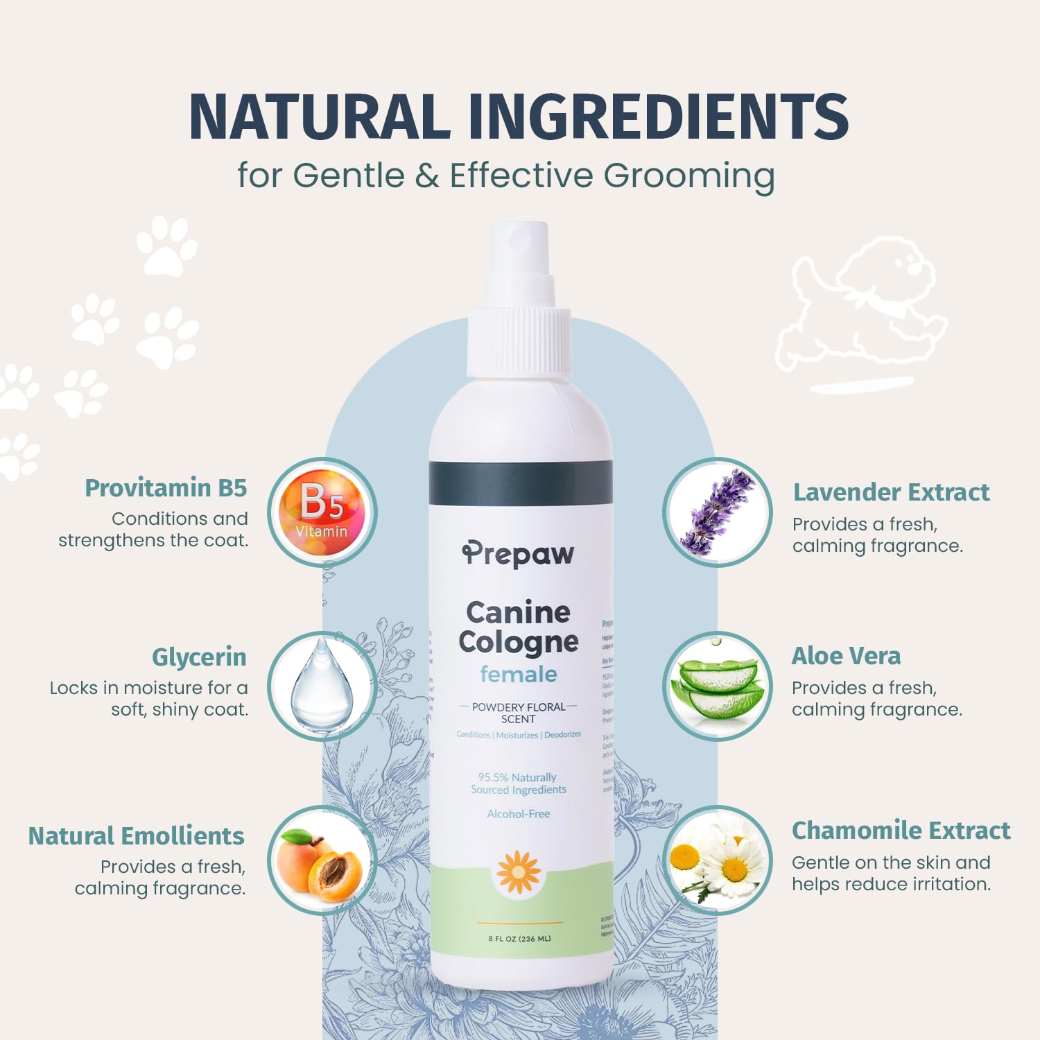 Prepaw Natural Pet Cologne - Powdery Floral Scent, 3-In-1 Deodorizing, Conditioning & Moisturizing Spray For Dogs & Cats - Long