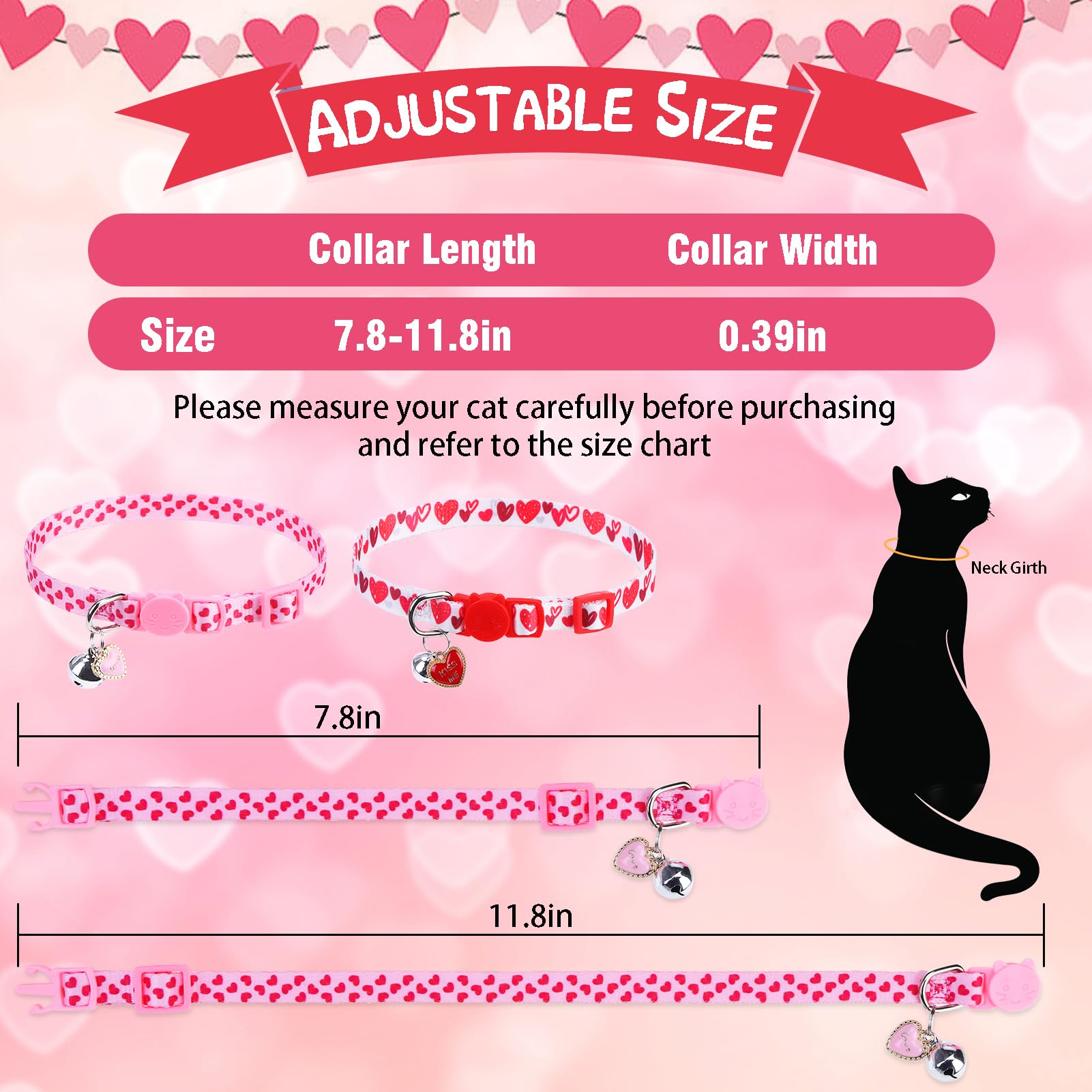 Pupteck Breakaway Valentine Cat Collar With Bell Charm, 2 Packs Adjustable Kitty Collars Pink & Red Love Pattern, 7.8-11.8 In