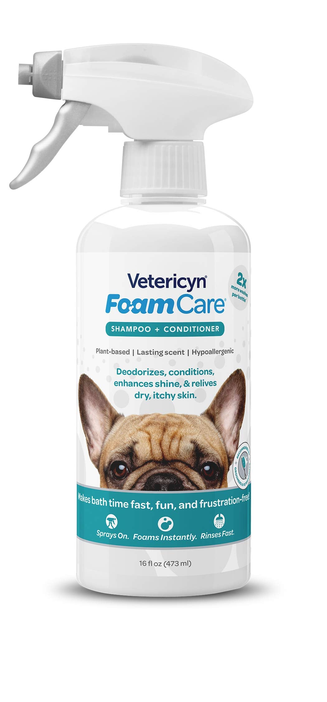 Vetericyn Foamcare Pet Shampoo Plus Conditioner, Spray-On Shampoo For Dogs And Cats, Foams Instantly And Rinses Easier, Natural Ingredient Shampoo, 16-Ounce