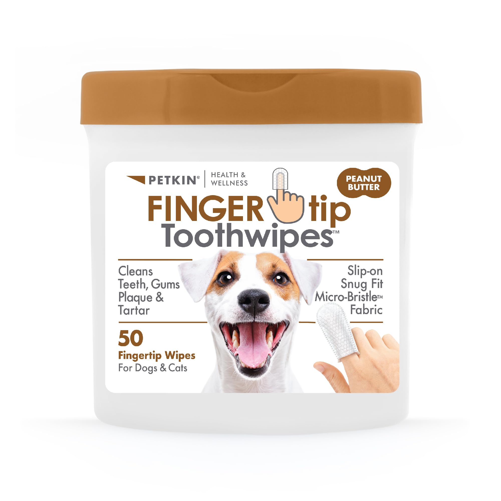 Petkin Fingertip Tooth Wipes for Dogs and Cats, 50 Finger Wipes - Slip-On, Snug Fit, Micro-Bristle Fabric - Cleans Teeth, Gums, 