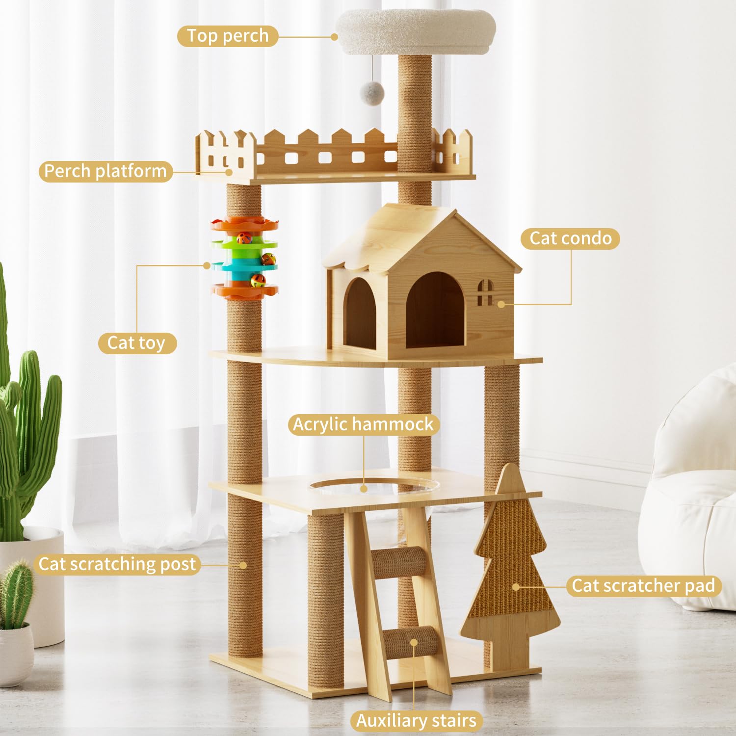 Elegaif Cat Tree, Wood Cat Tree Tower For Indoor Cats, 60.7' Modern Cat Tower With Sisal-Covered Scratching Posts And Top Perch