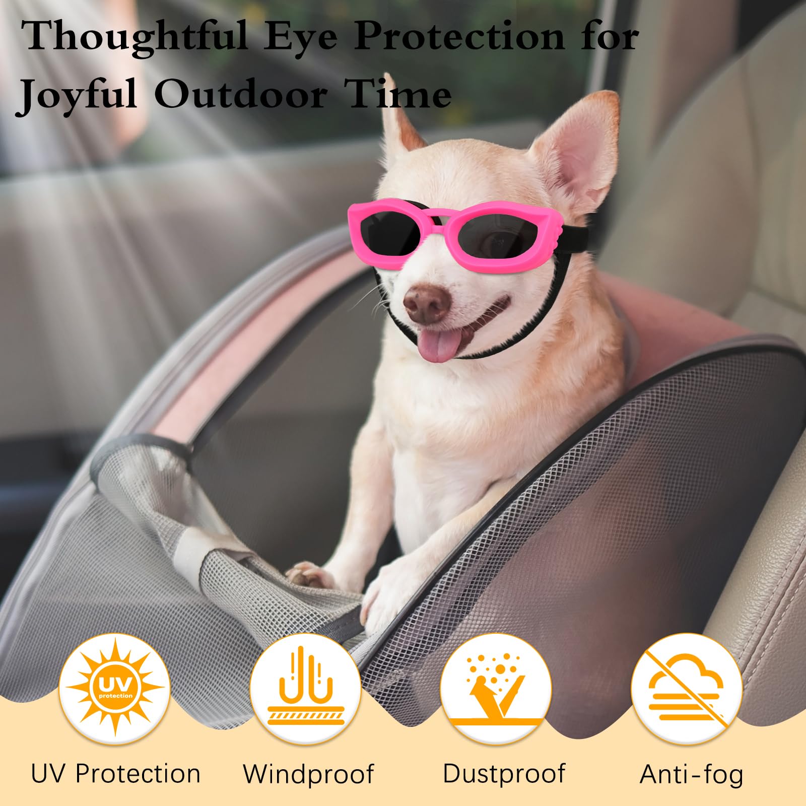 Lewondr Dog Sunglasses Small Breed, Small Dog Goggles With Adjustable Straps, Uv/Wind/Dust/Fog Proof Dog Eye Protection Sunglass