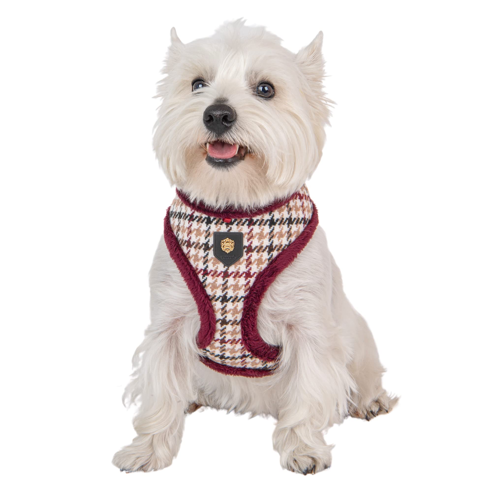 Puppia Kent Dog Harness Over-The-Head Warm Winter Houndstooth Pattern Adjustable Chest For Small And Medium Dog, Wine, Large
