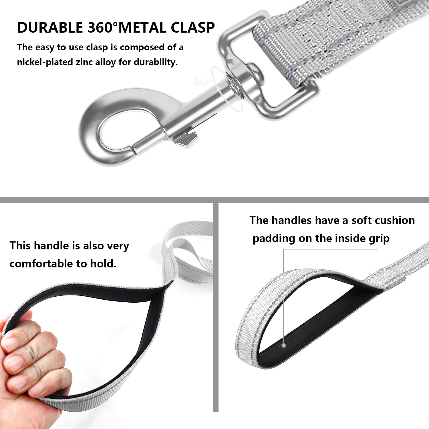 Penseepet Dog Leash 6 Ft Padded Handle Nylon Reflective Dogs Leashes For Large Dogs Silver