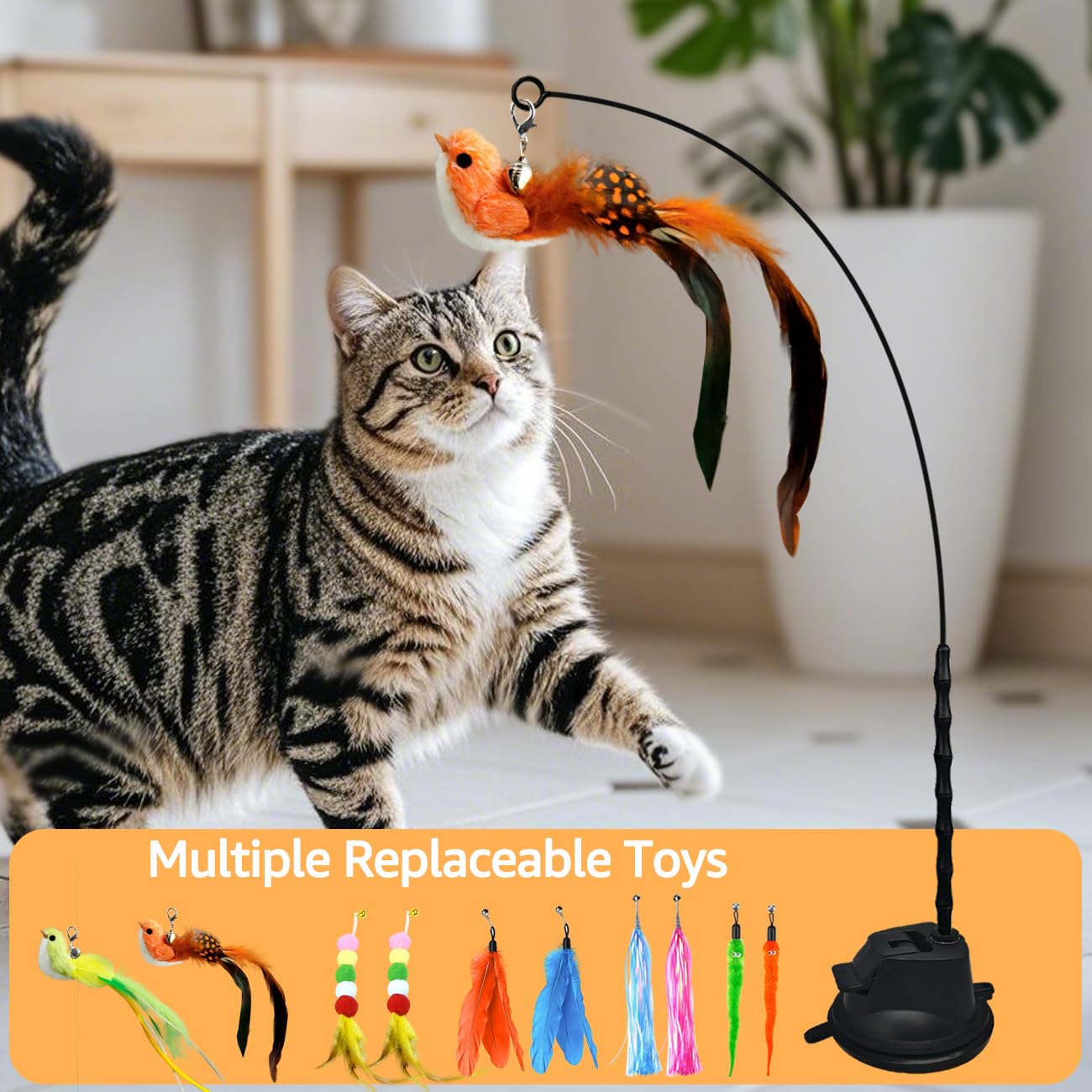 Cat Toys For Indoor Cats,1 Wand+1 Suction Cup+2 Bird+2 Feather+2 Ball+2 Tail+2 String, Interactive Enrichment Stimulation Self P