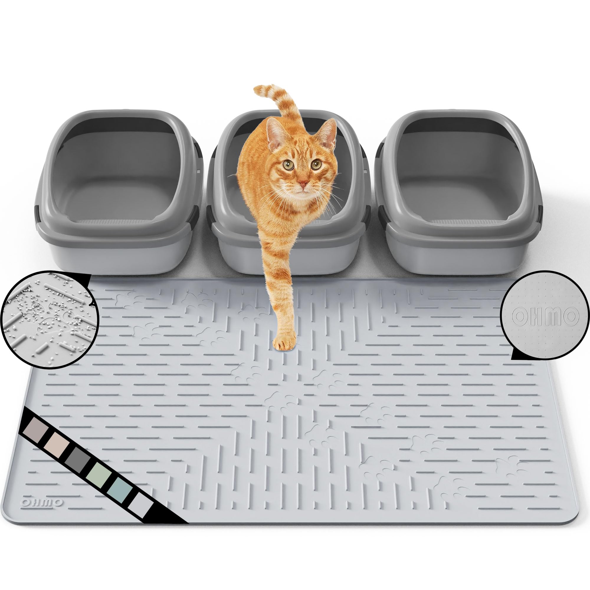 OHMO Cat Litter Mat XXL Trapping Mat Premium Silicone Rubber 37.5x25.2 Ash, Waterproof and BPA Free Kitty Litter Box Mat, Easy t