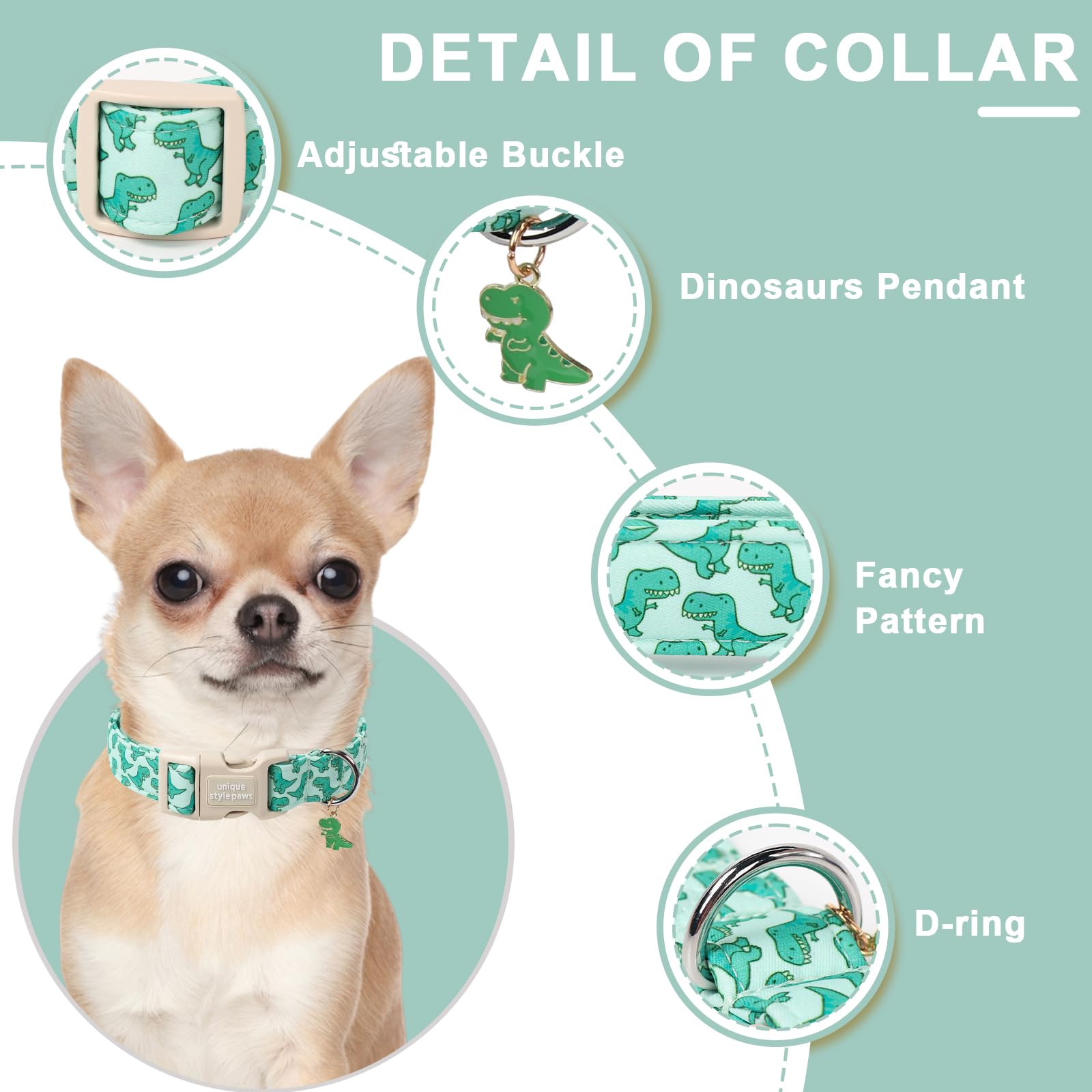 Dinosaur Dog Collar,Unique Style Paws Summer Dog Collars Comfortable Cotton Puppy Collars With Adjustable Buckle Cute Dinosaur P