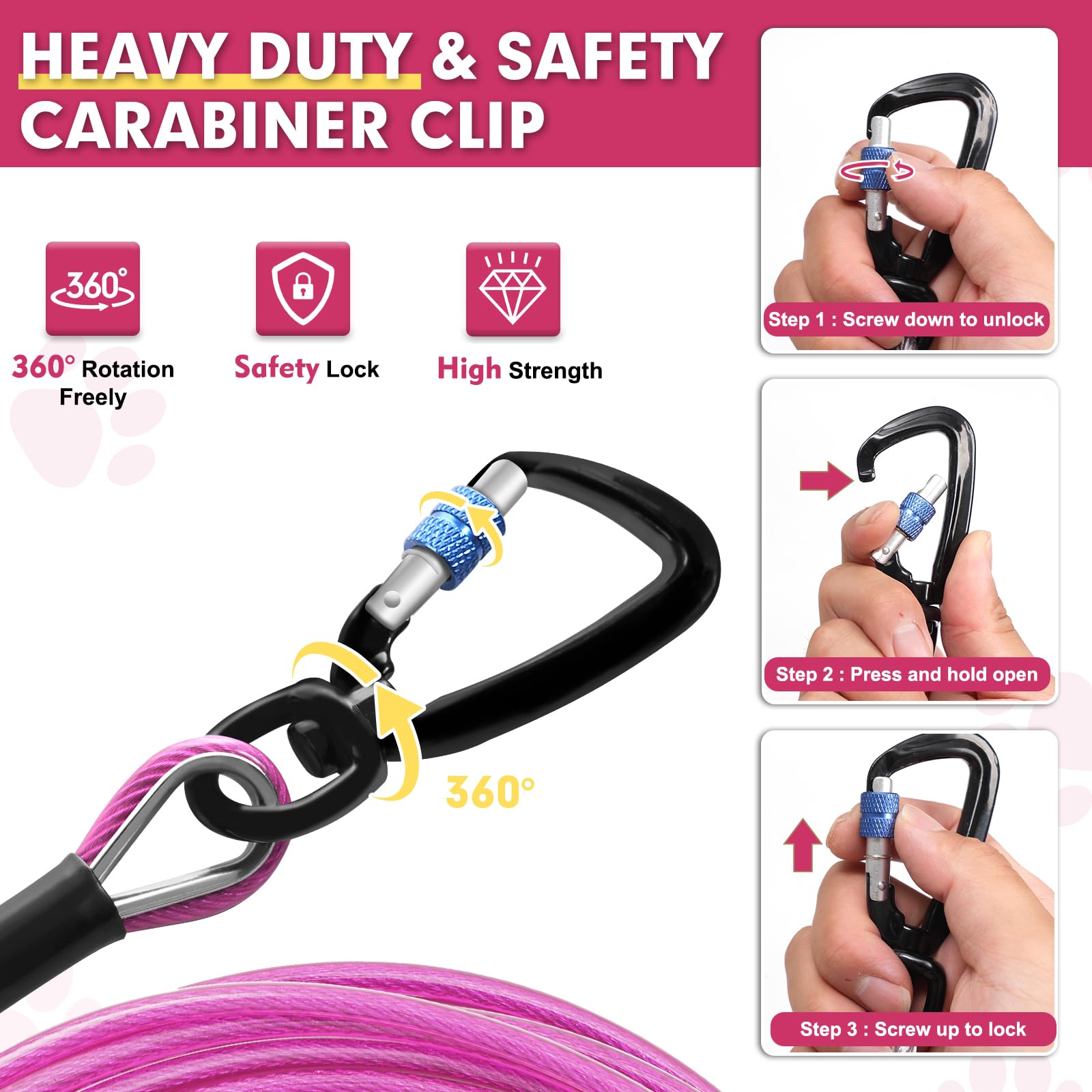 Snagle Paw Heavy Duty Tie Out Cable For Yard - 50Ft-1000Lbs Break Strength, Swivel Lockable Hook & Spring, Chew Proof Dog Chain