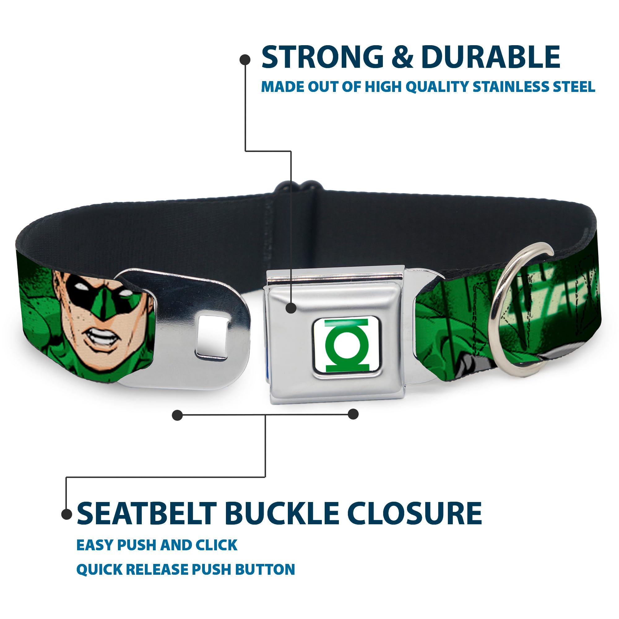 Buckle-Down Seatbelt Buckle Dog Collar - Green Lantern Green Glow W/Text - 1' Wide - Fits 11-17' Neck - Medium