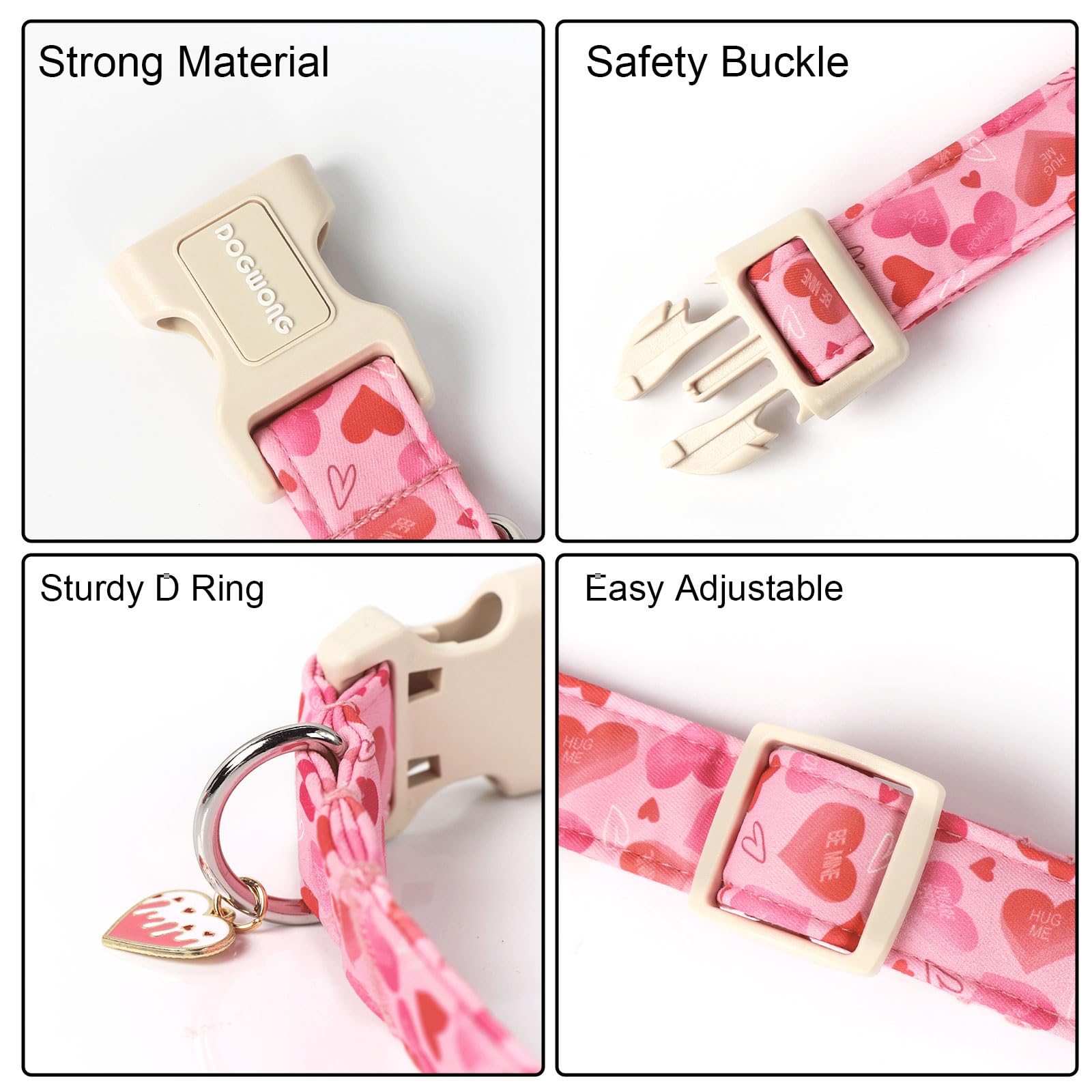 Dogwong Valentine'S Dog Collar, Cute Heart Dog Collars, Adjustable Valentine Pink Heart Pet Collars Design Dog Collar With Quick