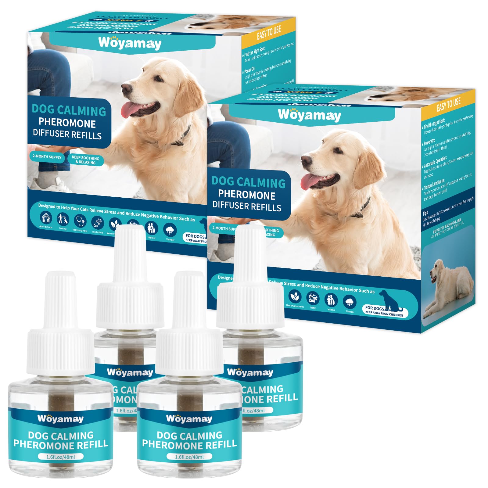Woyamay Dog Calming Diffuser Refills - 4 Pack Dog Pheromones Calming Diffuser for Dog Anxiety Relief, Dog Pheromone Diffuser, 12