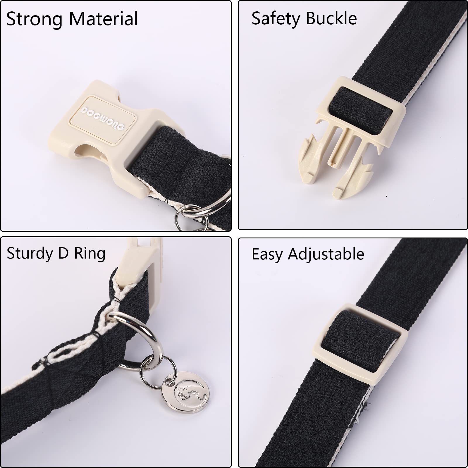 Dogwong Cotton Hemp Dog Collar, Heavy-Duty Black Dog Collar Adjustable Soft Natural Fabric Pet Cute Wedding Puppy Necklace For S