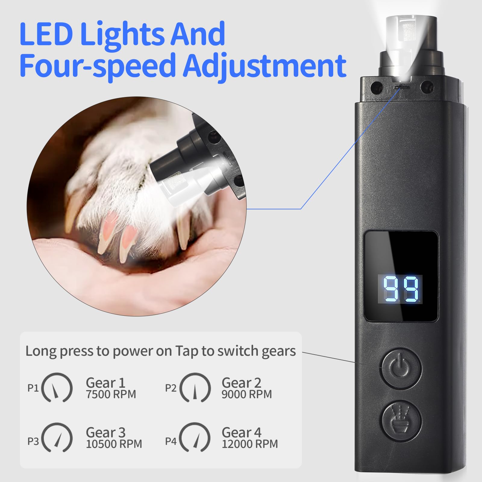 Professional 4-Speed Dog Nail Grinder, Electric Rechargeable Dog Nail Grinder With Uv & Interactive Lights, Rechargeable Quiet P
