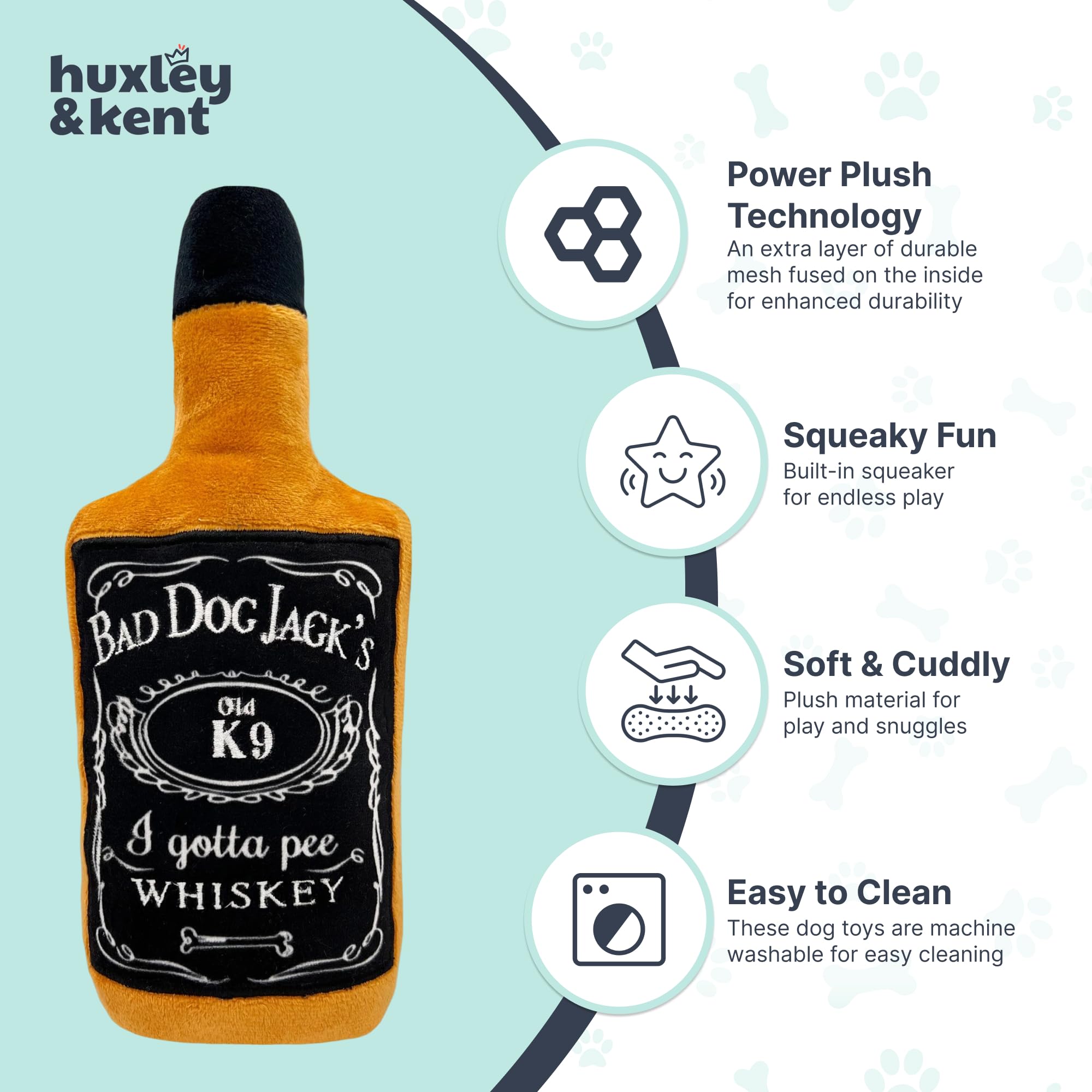Huxley & Kent For Dogs - Bad Dog Jack'S Whiskey (Large) - Power Plush Funny Dog Toy With Squeaker - Fun, Durable, And Safe - H&K
