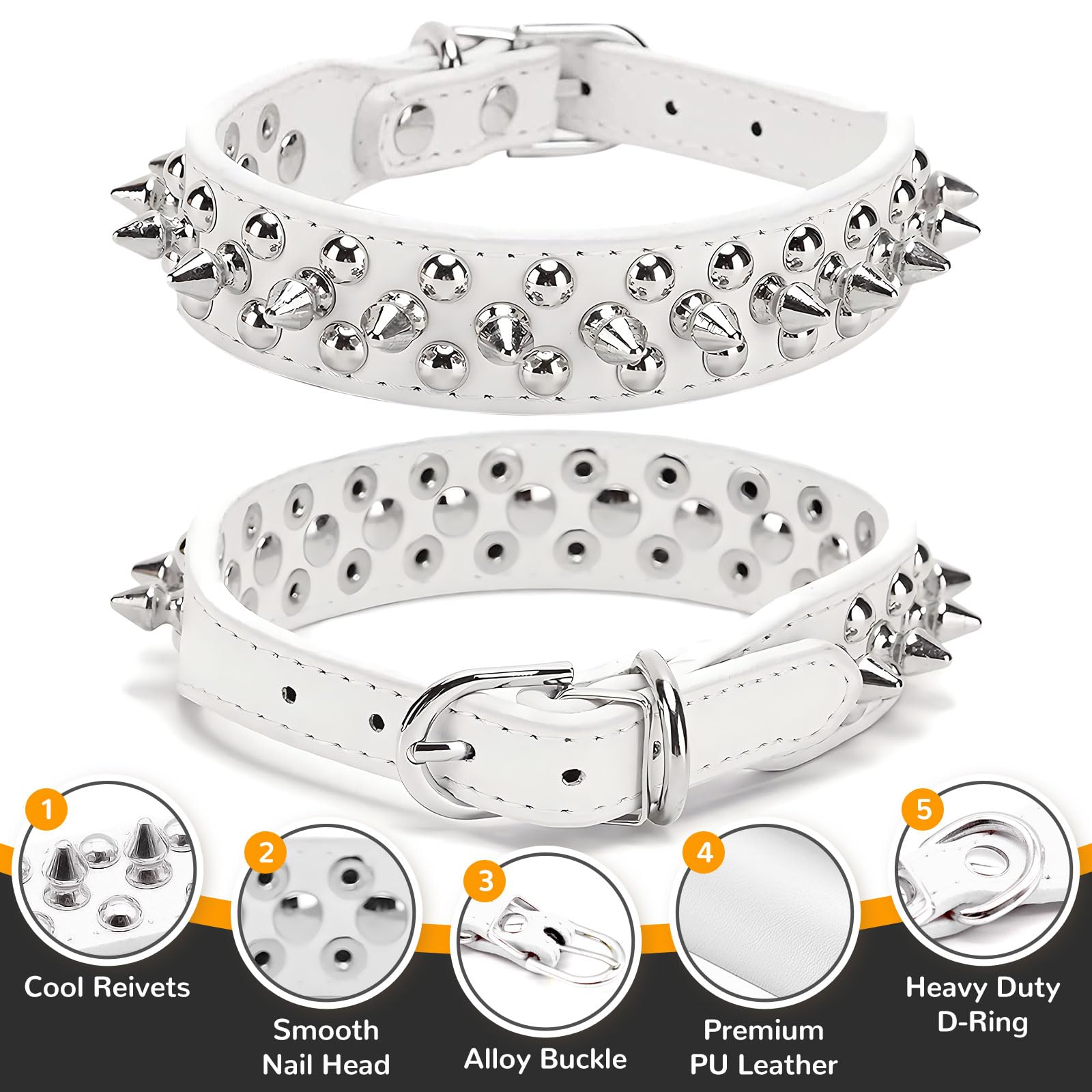 Petcare Spiked Dog Collar White Soft Pu Leather Funny Mushrooms Rivet Spike Studded Puppy Collar Adjustable Outdoor Pet Dog Coll
