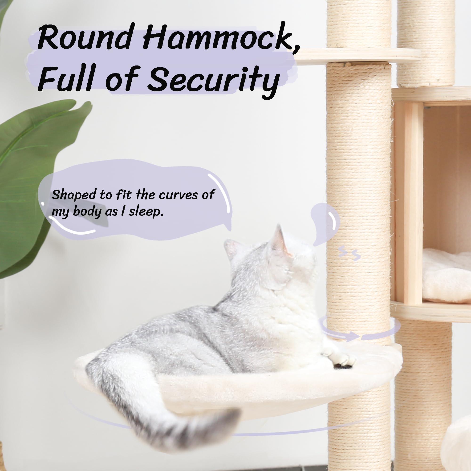 Kamaboko 64'' Tall Cat Tree - Wooden Cat Trees Tower With Cat Condo, Hammock & Top Perch, Modern Tall Cat Tree W/Natural Sisal P