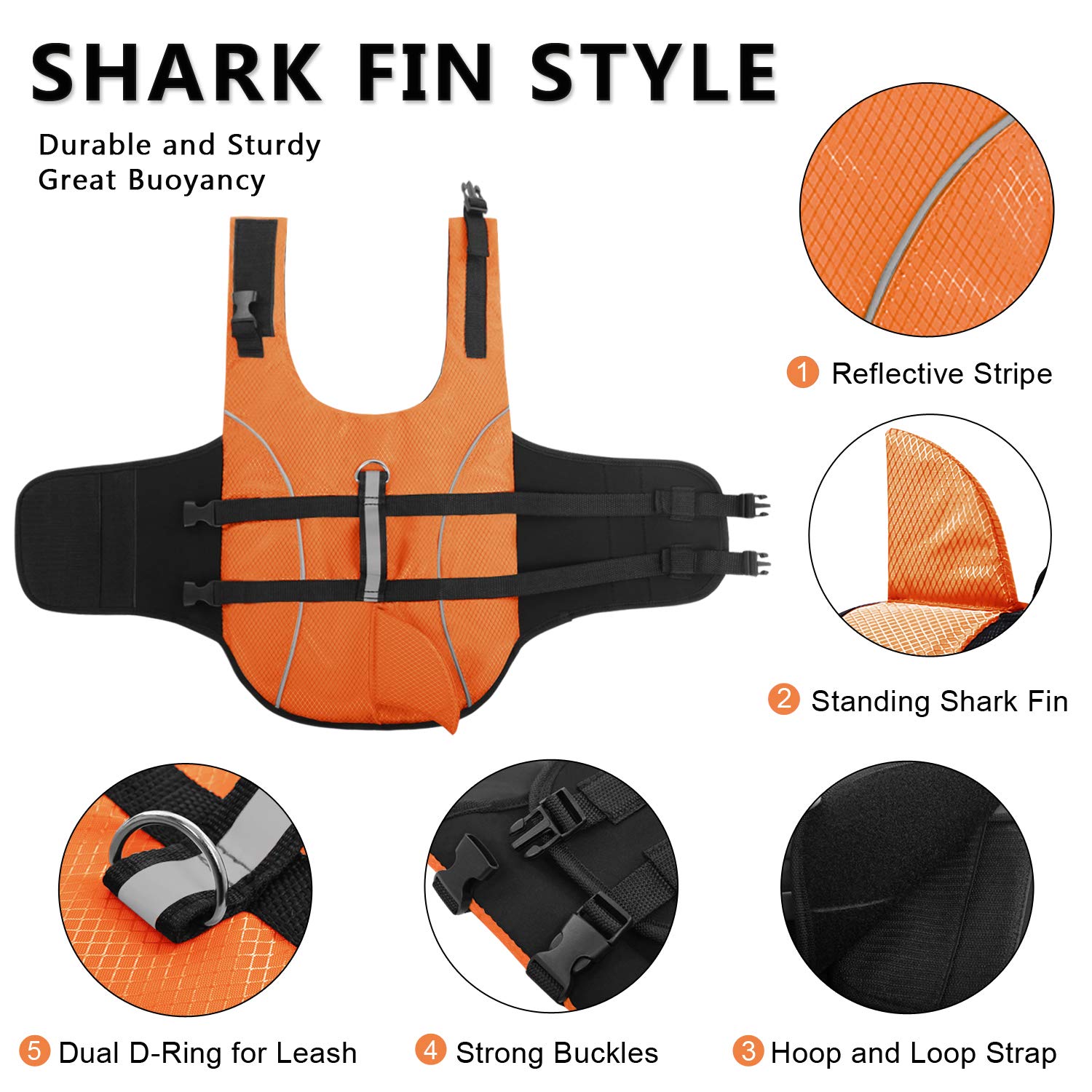 Queenmore Ripstop Dog Life Jacket Shark Life Vest For Dogs, Safety Lifesaver With High Buoyancy And Lift Handle For Small And Medium Breeds(Orange S)