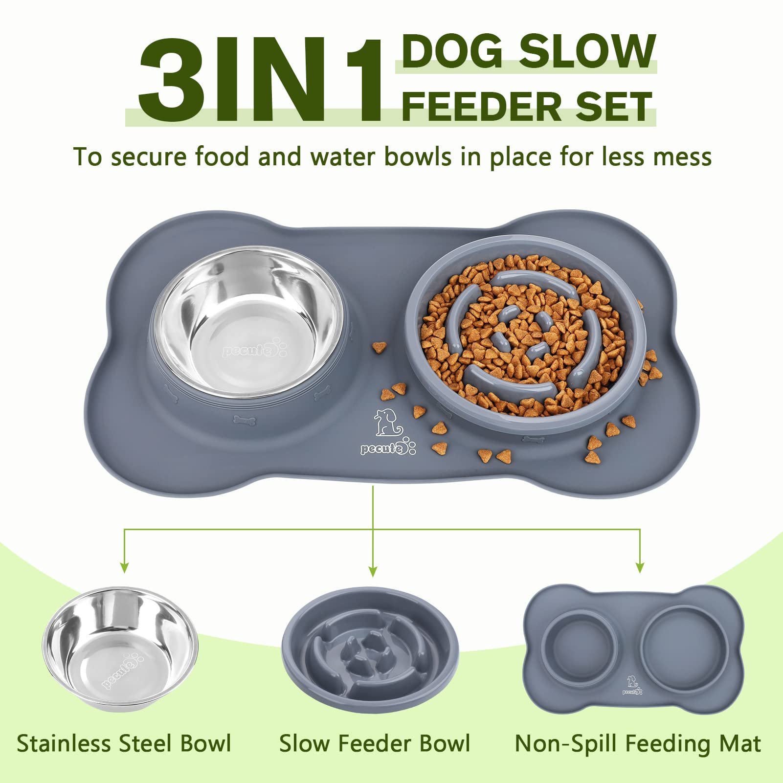 Pecute Slow Feeder Dog Bowls to Slow Down Eating, Dog Bowl Slow Feeder with No-Spill Non-Skid Silicone Mat, Food-Grade Safe Dog