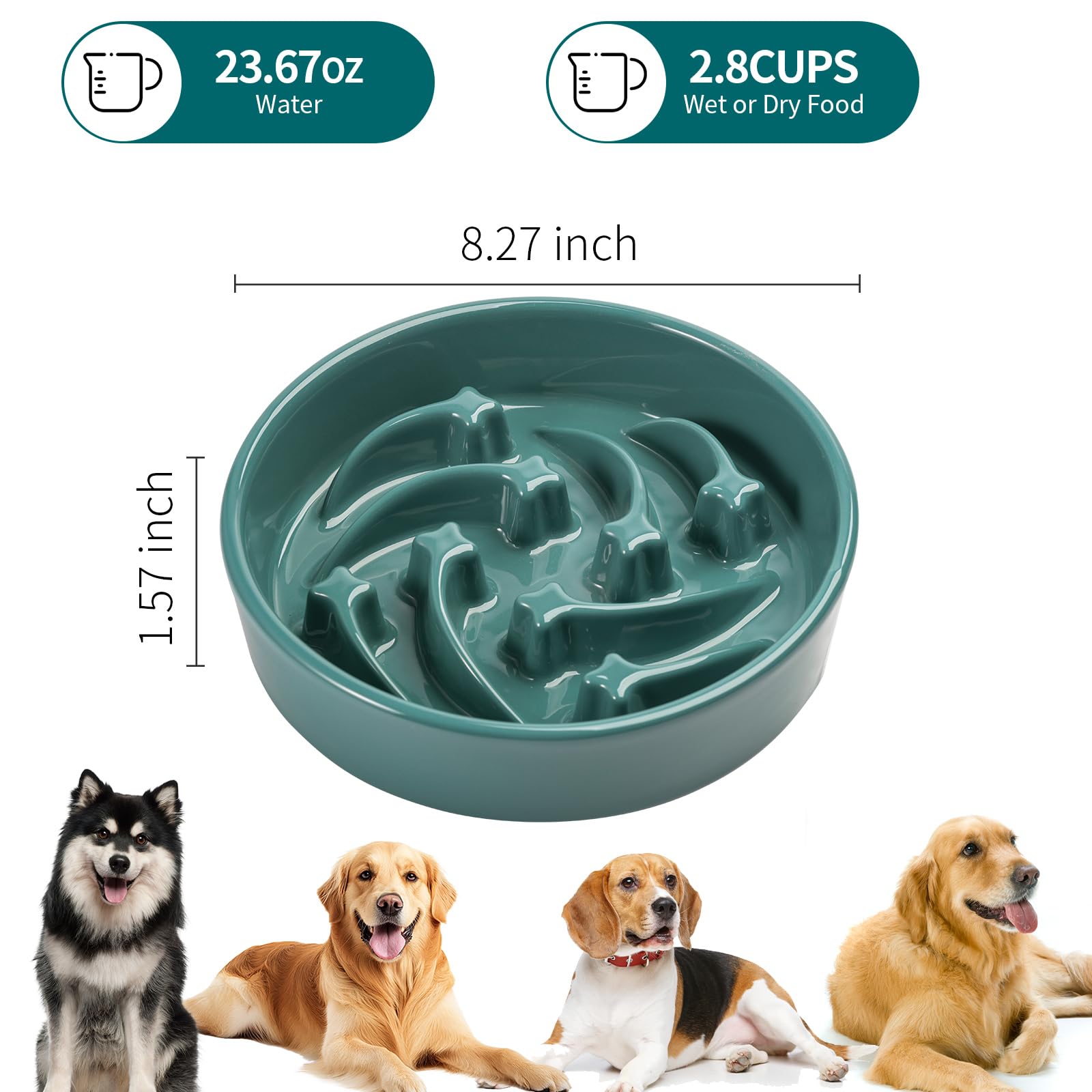 8.26 in Deep Green Ceramic Slow Feeder Dog Bowl for Medium and Large Breed,Pet Feeding Dog Food Water Dish Heavy Weighted,Puppy
