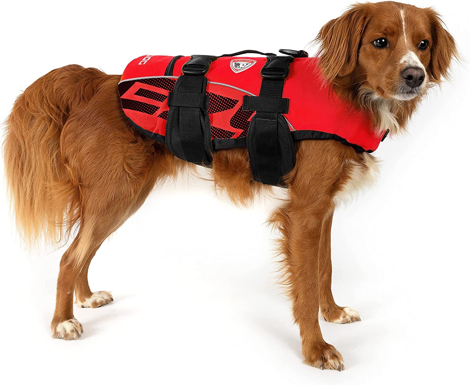 Ezydog Dfd Dog Life Jacket - Adjustable Swimming Safety Vest With Reflective Trim & Durable Grab Handle - 50% More Flotation Material - X-Large, Red