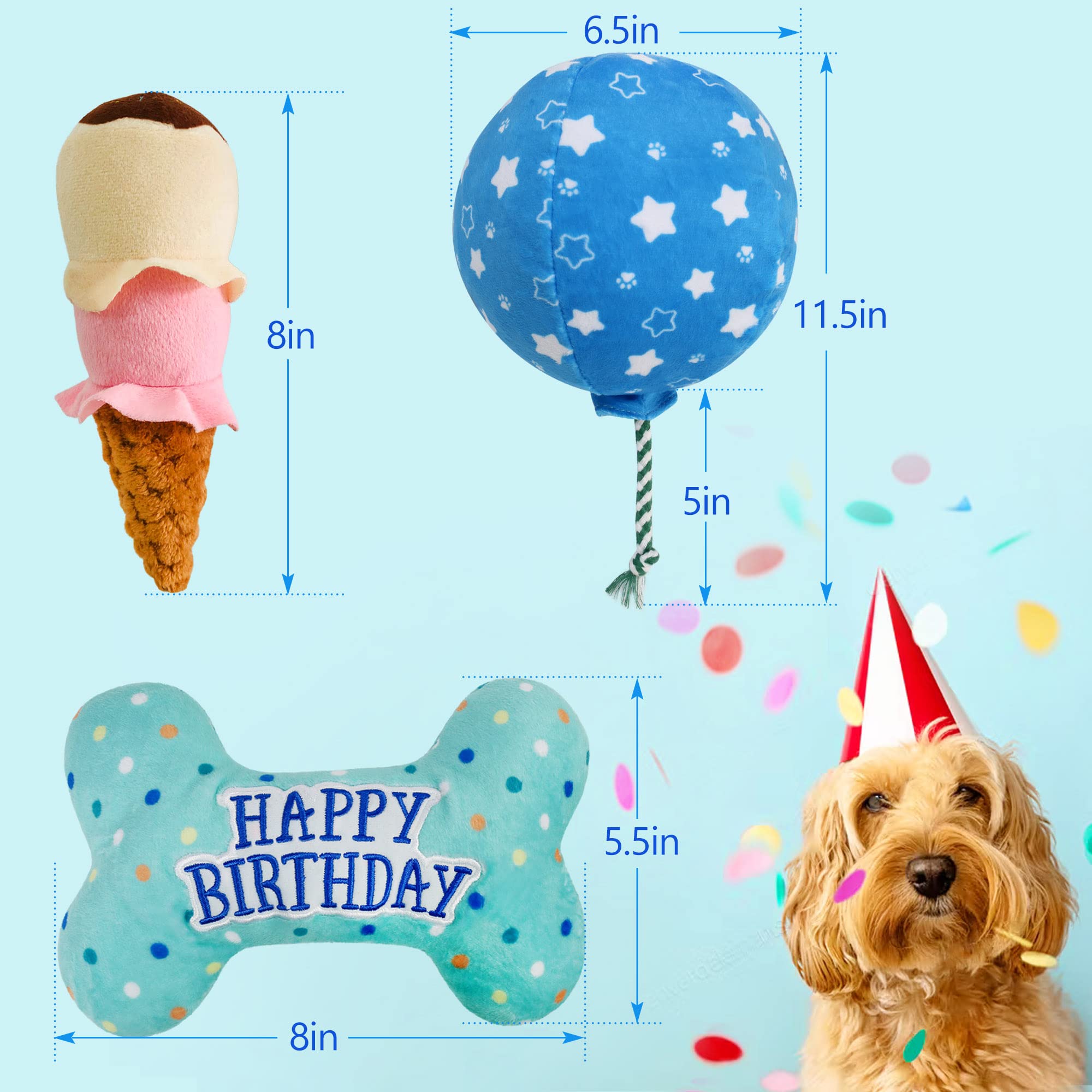 Prime Pets Dog Birthday Toys, 3 Pack, Crinkle Squeaky Dog Toys Set, Pet Toys For Small Medium Large Dogs, Stuffed Puppy Chew Toy