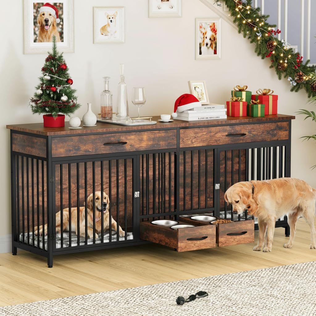 DWVO 91.3 Double Dog Crate Furniture with Dog Feeder, Dog Kennel Furniture with Drawers, Indoor Dog House TV Stand with 2 Room D