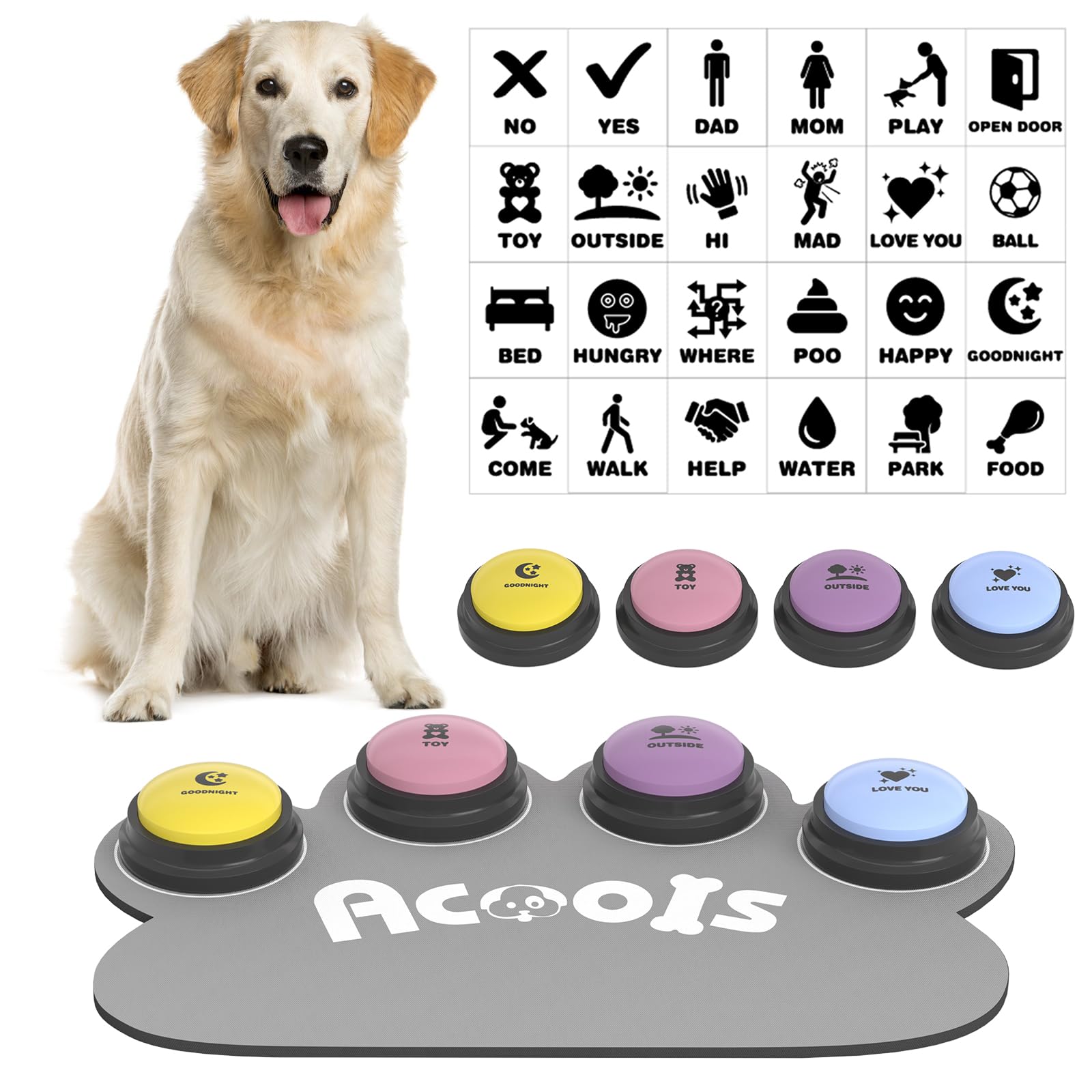 4 Pcs Dog Talking Button Set, Dog Buttons for Communication, 30s Recordable Voice Pet Buzzer Training Buttons, Speaking Button f