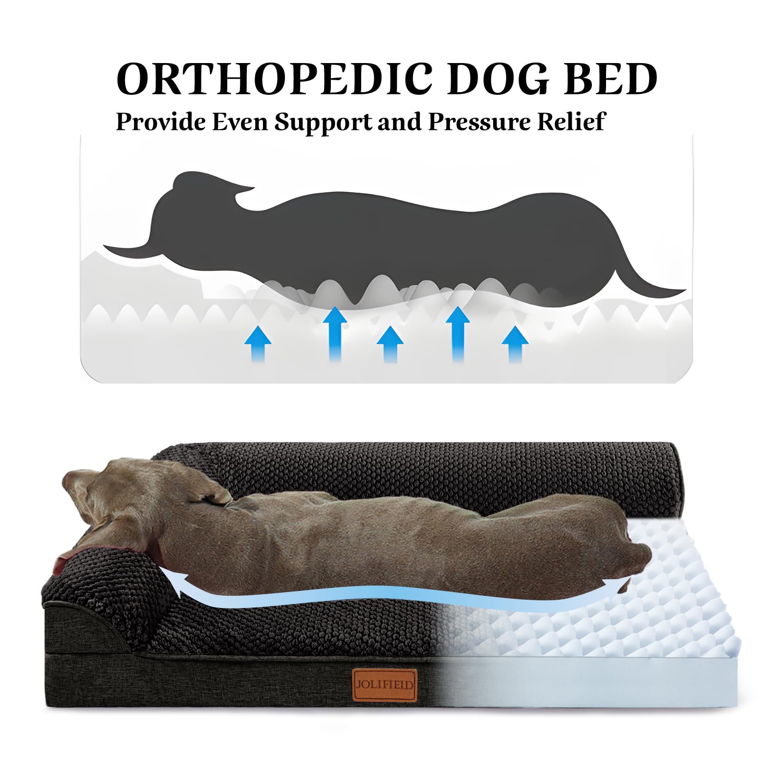 Jolifield Orthopedic Jacquard Dog Bed For Large Dogs, Waterproof L Shaped Large Pet Sofa Bed With Washable Removable Cover, Non-