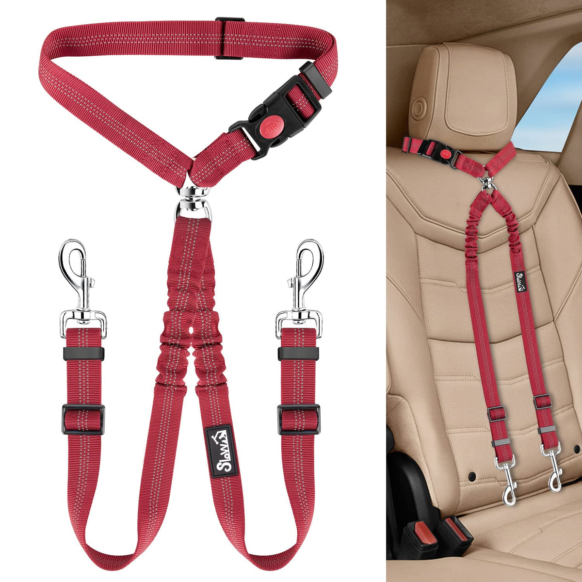 Lukovee Double Dog Seat Belt, New Dual Pet Car Headrest Restraint Safety Seatbelt No Tangle Dog Leash Duty Adjust Elastic Bungee