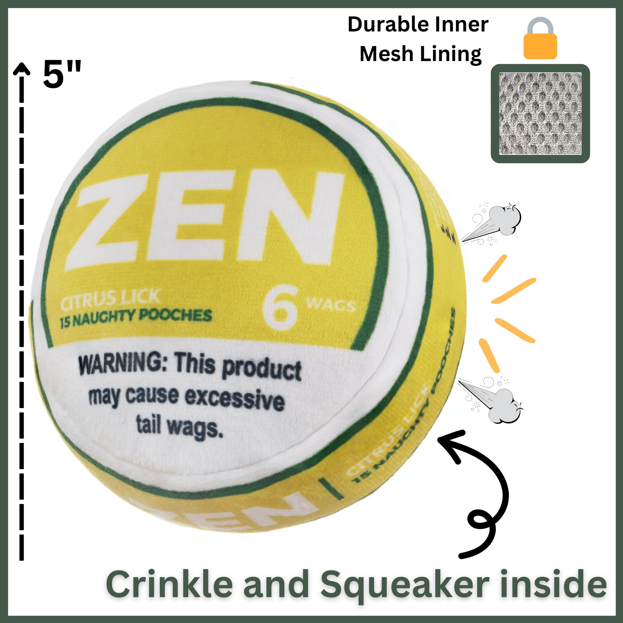 Nestpark Zen Pupper Deckies Parody Dog Toy - Plush Squeaky And Crinkle Funny Dog Toy (Citrus Lick)