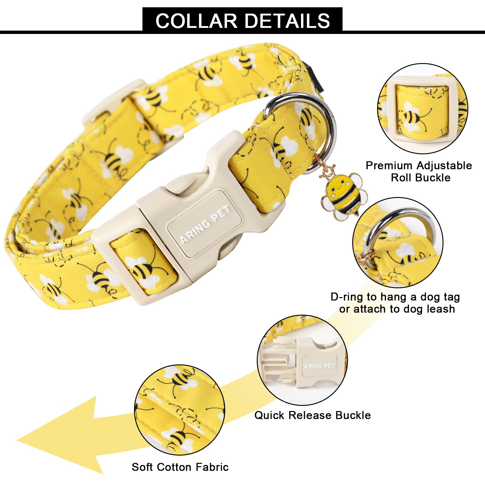 Aring Pet Bees Dog Collar-Cute Dog Collar For Small Dogs, Adjustable Yellow Bees Print Pet Collars Puppy Collar For Small Medium