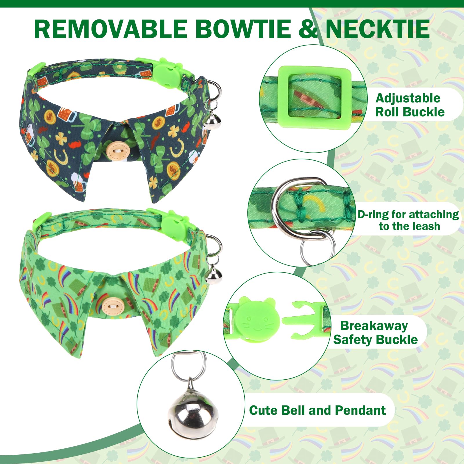 Dillybud St. Patrick'S Cat Collar Breakaway, Irish Clover Cat Collar With Bow, Green Shamrock Spring Cat Collars With Bells