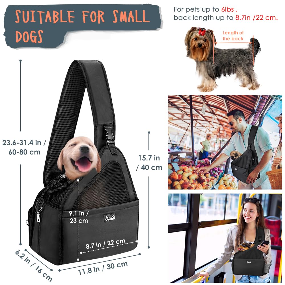 Slowton Pet Dog Sling Carrier, Hands Free Hard Bottom Papoose Small Animal Puppy Up To 6 Lbs Travel Bag Tote Breathable Mesh Support Adjustable Padded Strap Pocket Safety Belt Machine Washable