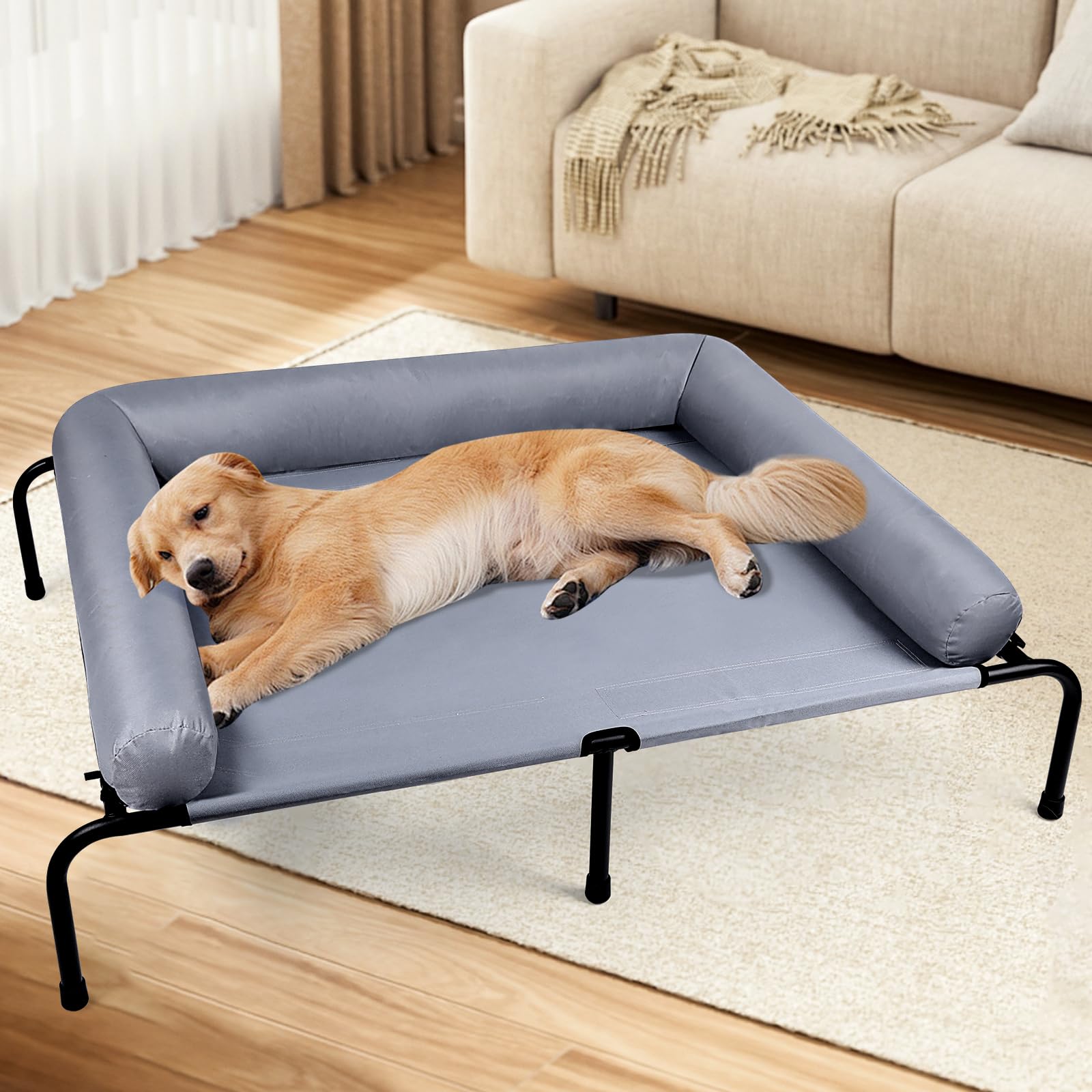 Large Elevated Dog Bed with Pillows, Outdoor Cooling Raised Pet Bed with Bolster, Indestructible Chew Proof Dog Cot with Breatha