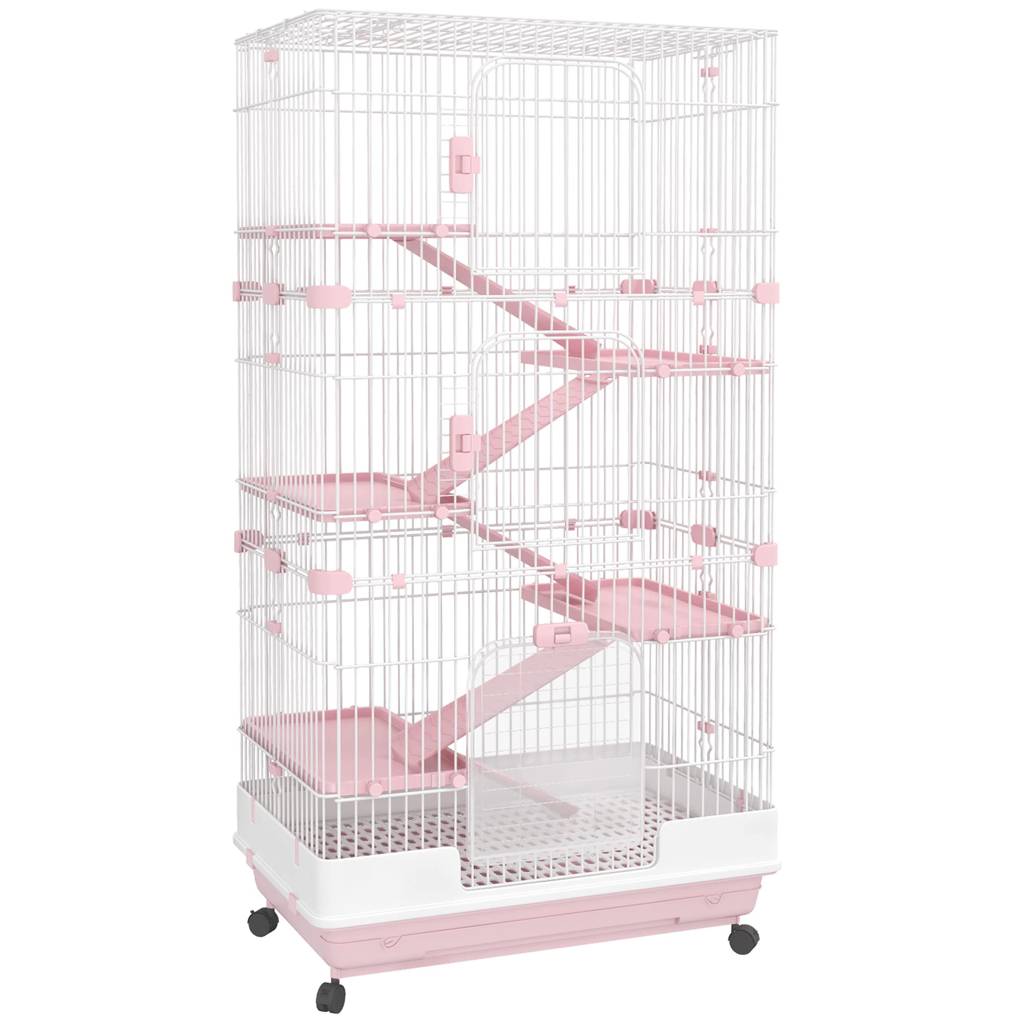 Pawhut 6-Level Small Animal Cage Rabbit Hutch With Wheels, Removable Tray, Platform And Ramp For Bunny, Chinchillas, Ferret, Pink