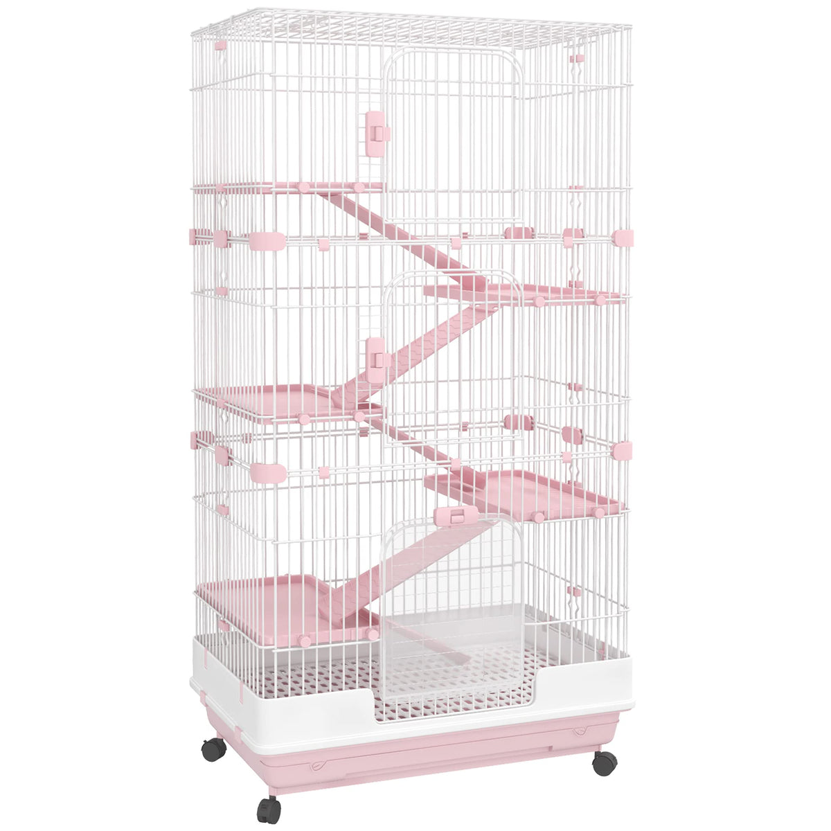 Pawhut 6-Level Small Animal Cage Rabbit Hutch With Wheels, Removable Tray, Platform And Ramp For Bunny, Chinchillas, Ferret, Pink