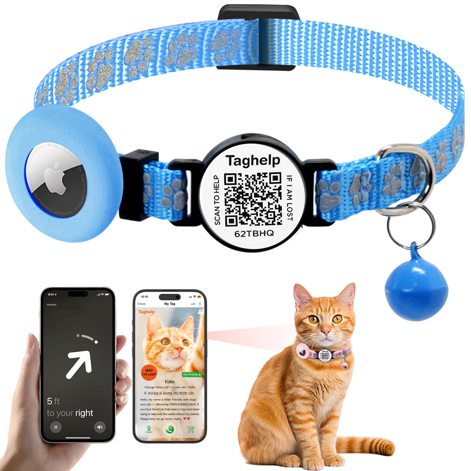 Reflective Airtag Cat Collar With Bell & Elastic Safety Band - Personalized Cat Id Tag & Qr Code Smart Tracker For Cats, Kittens