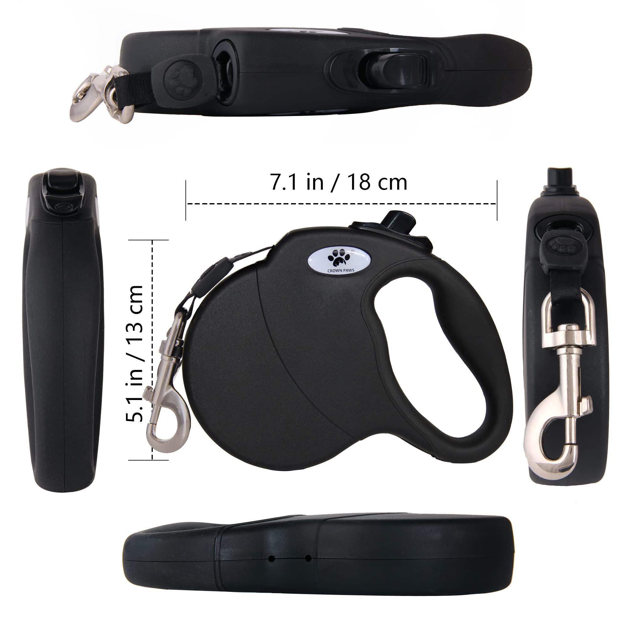 Crown Paws 16Ft Retractable Dog Leash For Large Breed Dogs Up To 110 Lbs With A Detachable Chew Proof Extender Wire Ropes (Black L)
