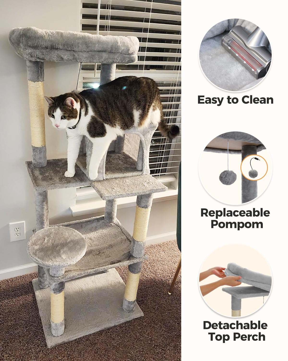 Muttros Cat Tree For Large Cats Adult With Metal Plush Big Hammock, 56.3'' Cat Tower With 2 Door Condo House, 6-Tier Cat Shelves