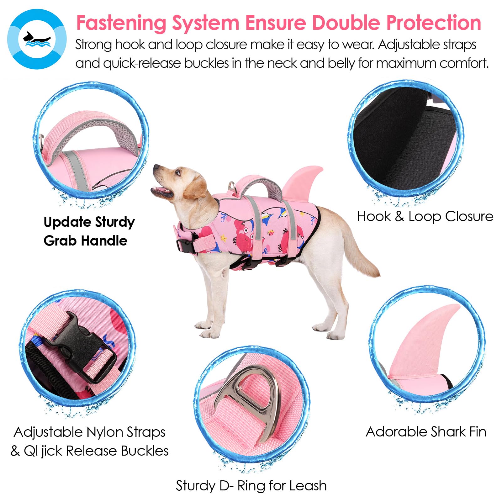 Aofitee Dog Life Jacket, Dog Life Vest For Swimming, Shark Dogs Swimming Vest With Rescue Handle And Reflective Stripe, Ripstop