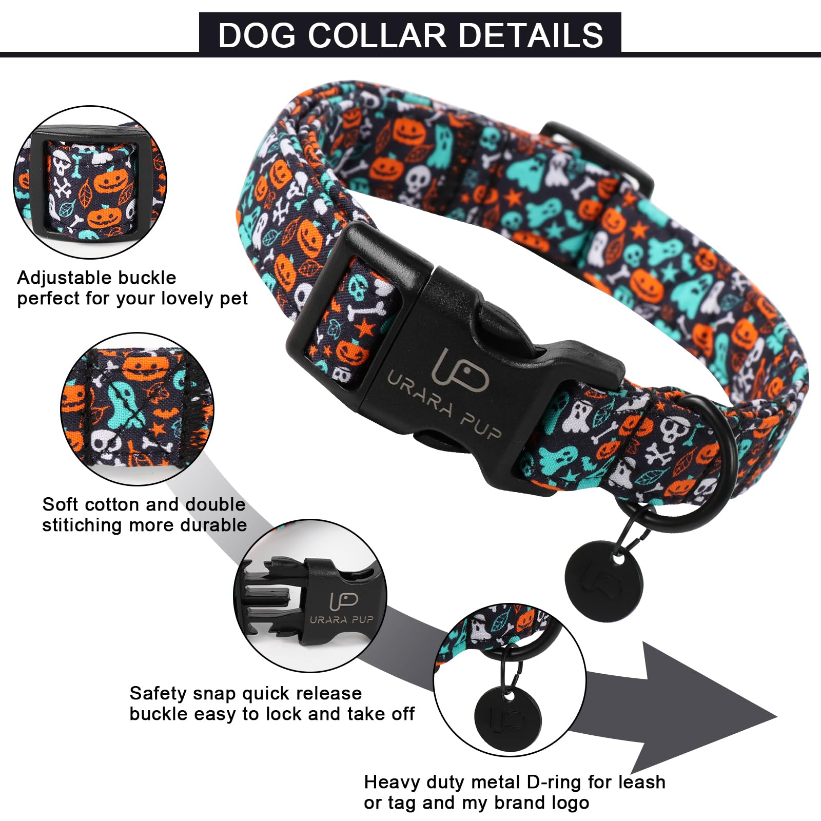 Halloween Dog Collar, Up Urara Pup Cotton Skull Ghost Dog Collar For Dog, Fall Pet Collar With Halloween Elements Pattern, Adjus
