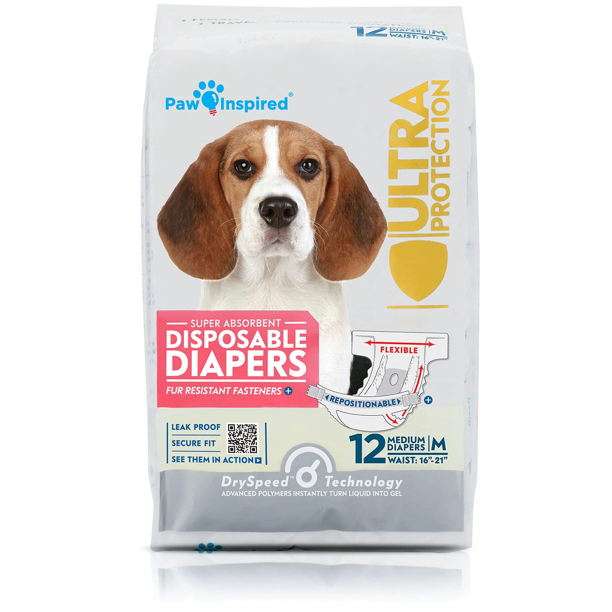 Paw Inspired Disposable Dog Diapers | Female Dog Diapers Ultra Protection | Diapers For Dogs In Heat, Excitable Urination, Or Incontinence (12 Count, Medium)