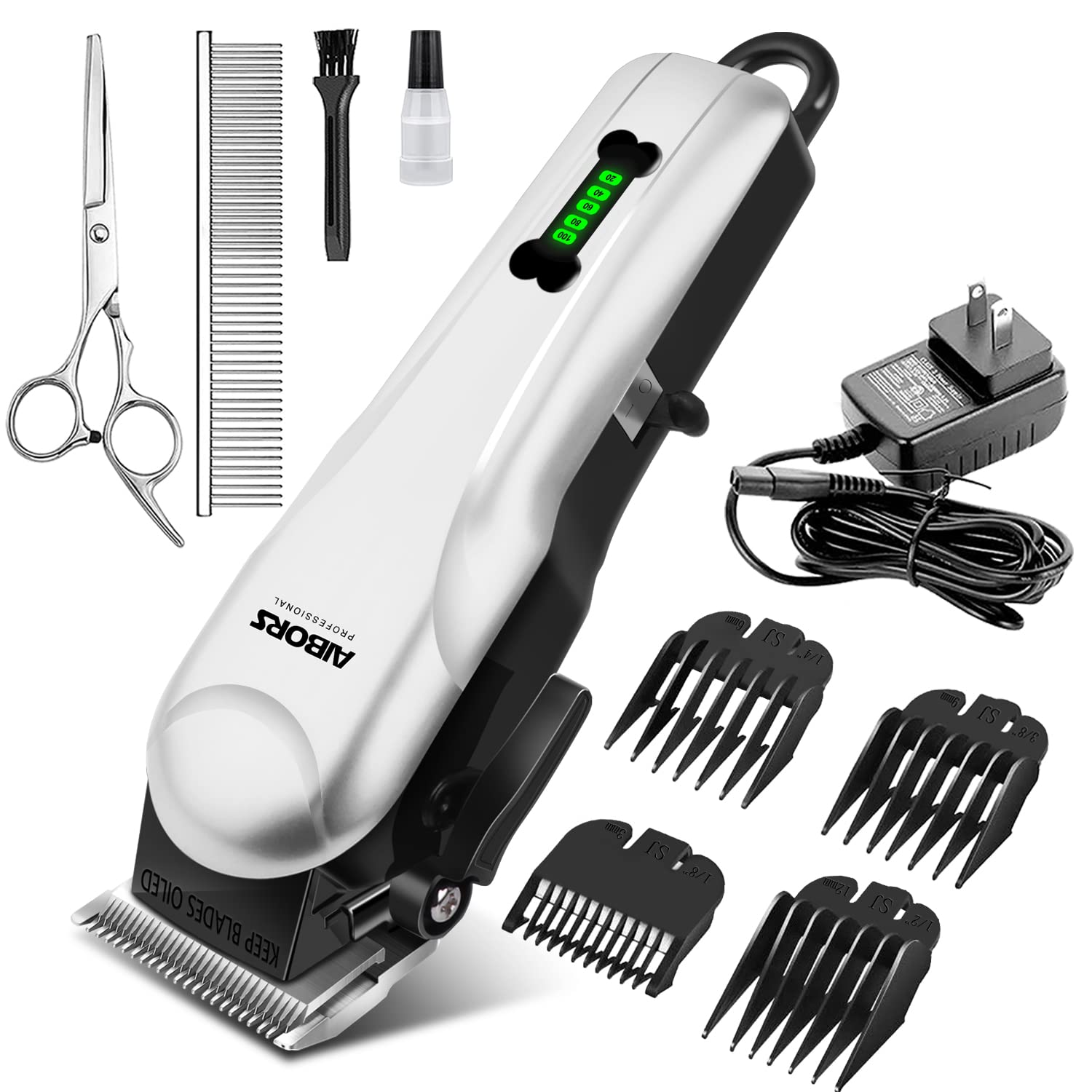 Aibors Dog Clippers For Grooming Low Noise Rechargeable Cordless Pet Hair Grooming Clippers, Professional Heavy Duty Dog Grooming Kit Dog Trimmer Shaver For Dogs Cats Pets (Silver)