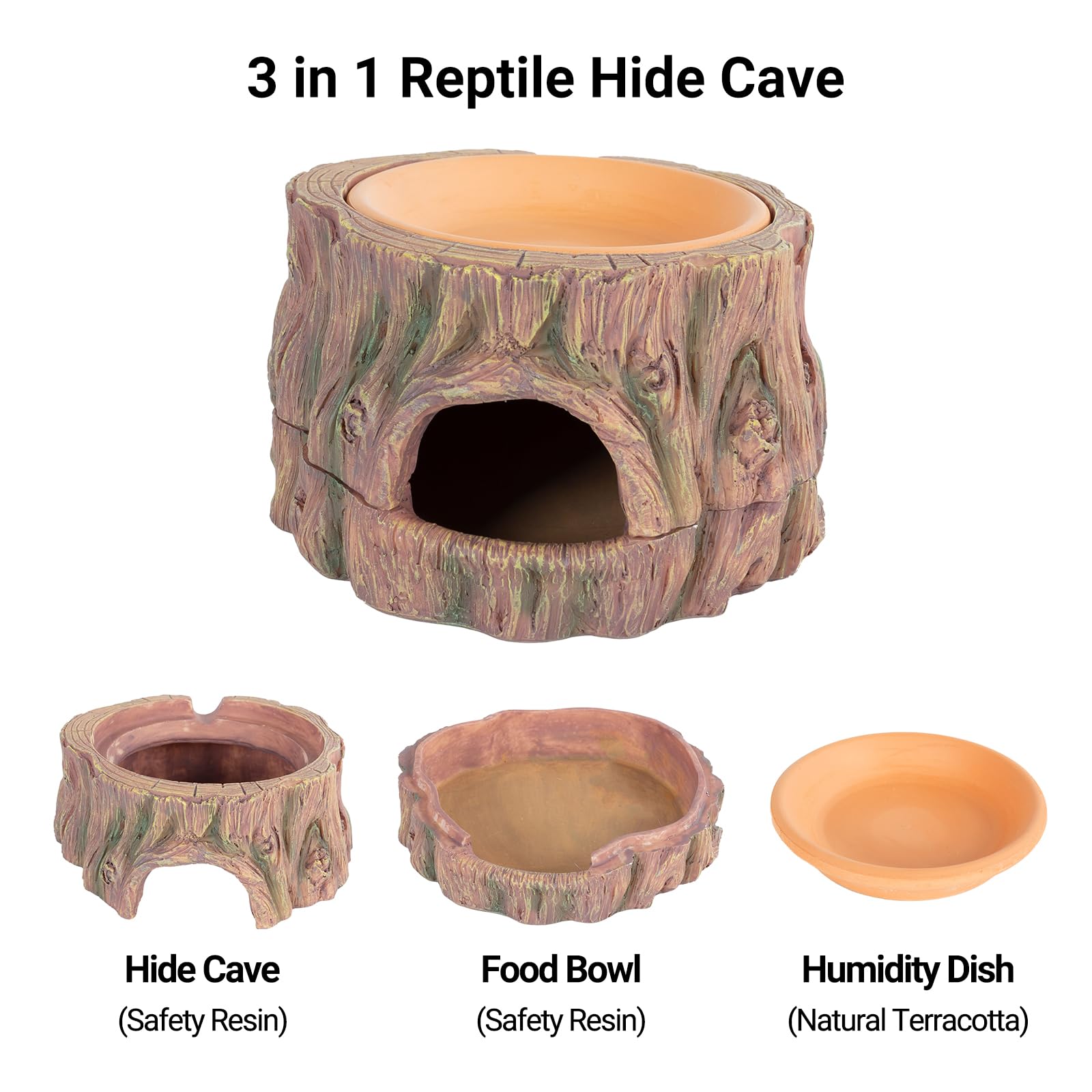 CAVACHEW 3 in 1 Reptile Hide Cave with Detachable Base & Humidity Dish, Essential Tank Terrarium Decor Humid Hideout Accessories